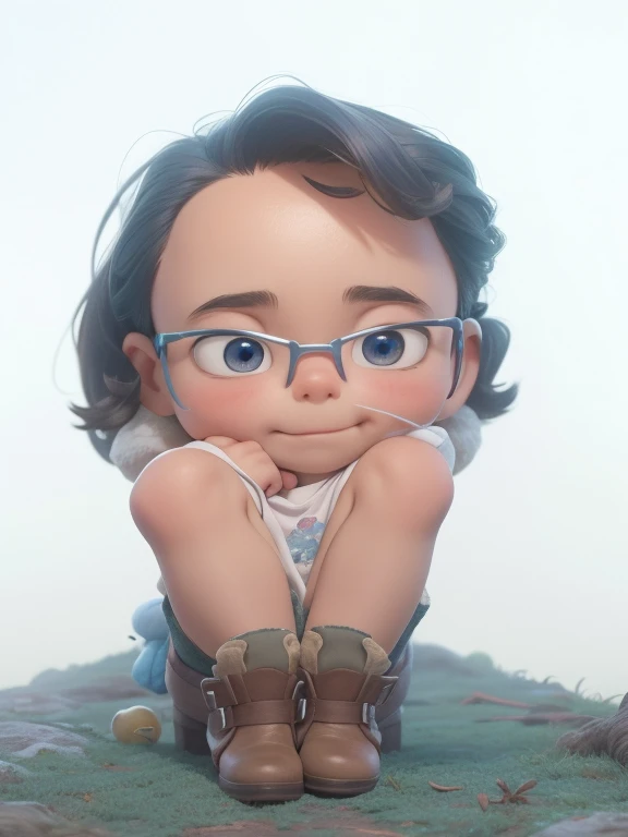 A Jornada dos Pequenos Exploradores: a happy sitting on the floor, na floresta, com uma pequena mochila azul nas costas, blusa amarela, bermuda preta, bota de trilha azul, estilo capa de filme com o tema as aventuras de Adriel