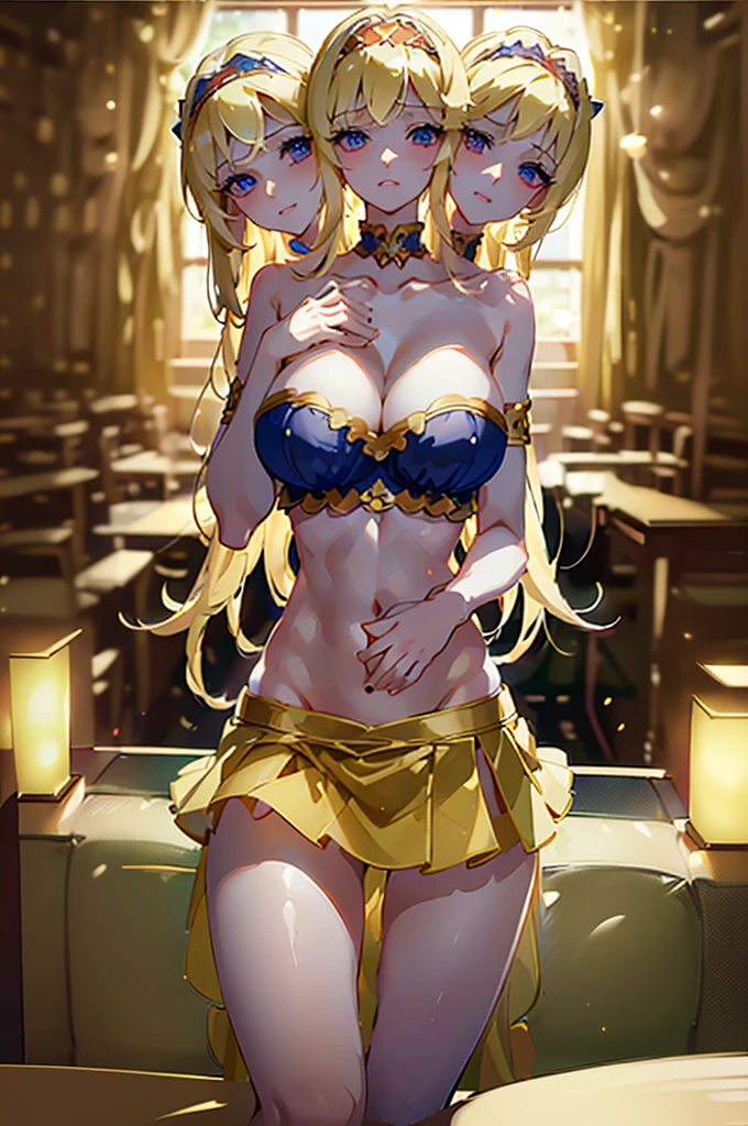 (masterpiece, best quality),best quality, (ultra-detailed), (3heads:1.4), 1girl, (alice margatroid :1.3), masterpiece, best quality, blue top, crop top, ((stomach)), midriff, ((groin)), blue skirt, normal ears, shackles, blonde hair, very long hair, wavy hair, sidelocks, blue eyes, parted lips, single horn, sweat, cute, toned belly, hand on own chest, eyelashes, (24 year old woman:1.3), (masterpiece:1.4), (best quality:1.4), (beautiful detailed eyetremely detailed CG, extremely delicate and beautiful, depth of field, (finely detailed face), (perfect details:1.0), (mature female:1.3), wide pelvis, slender, large veiny breast, 8k resolution, high quality, high definition, extremely detailed, masterpiece, best quality, blonde hair, long hair, alluring presence, braid, short skirt, close up, big tits, young, frilled hairband,