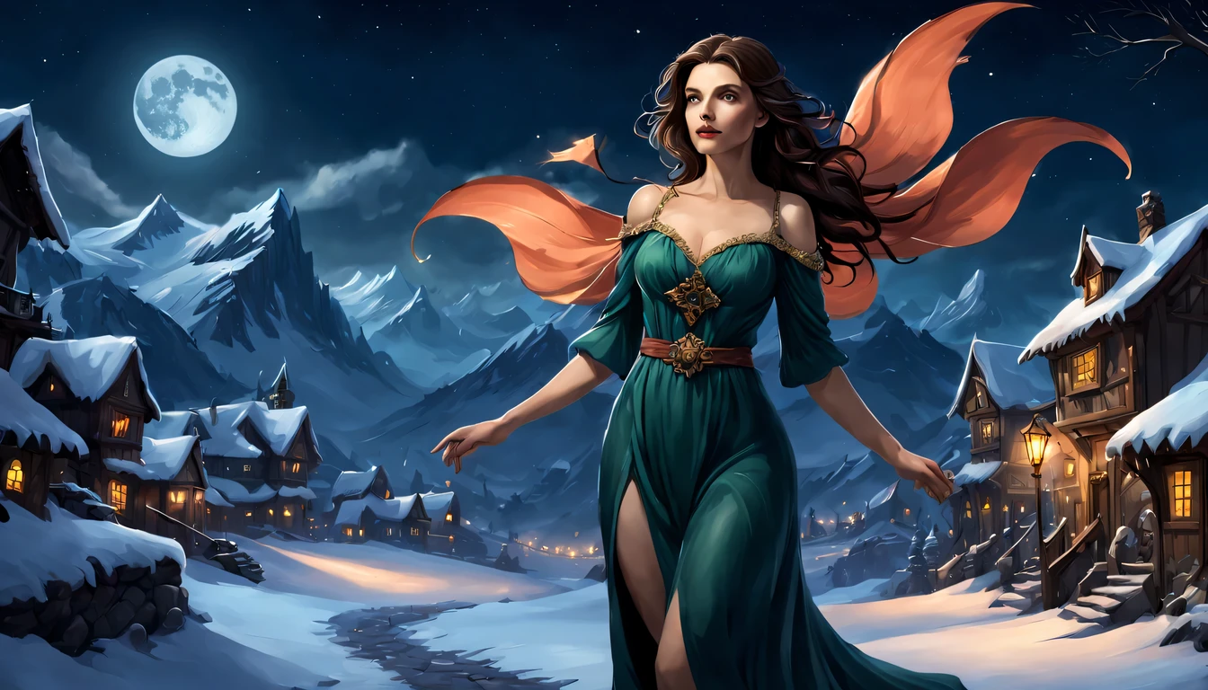 Graceful and fluttering nymph, "Rachel Weisz in long dark salmon dress", caminhando a noite, and with a night sky with moon over snowy mountains,  Arte conceitual de inverno, blizzard Arte conceitual de Hearthstone, arte de fundo, arte conceitual estilizada, Fundo da cidade, a bustling magical town, fundo da aldeia nightime, Arte conceitual de Hearthstone, fantasy city setting, arte do jogo de cartas de hearthstone. ”, Noite de Natal de inverno nevada, cidade medieval de fantasia, magical village, Fundo do centro da cidade
