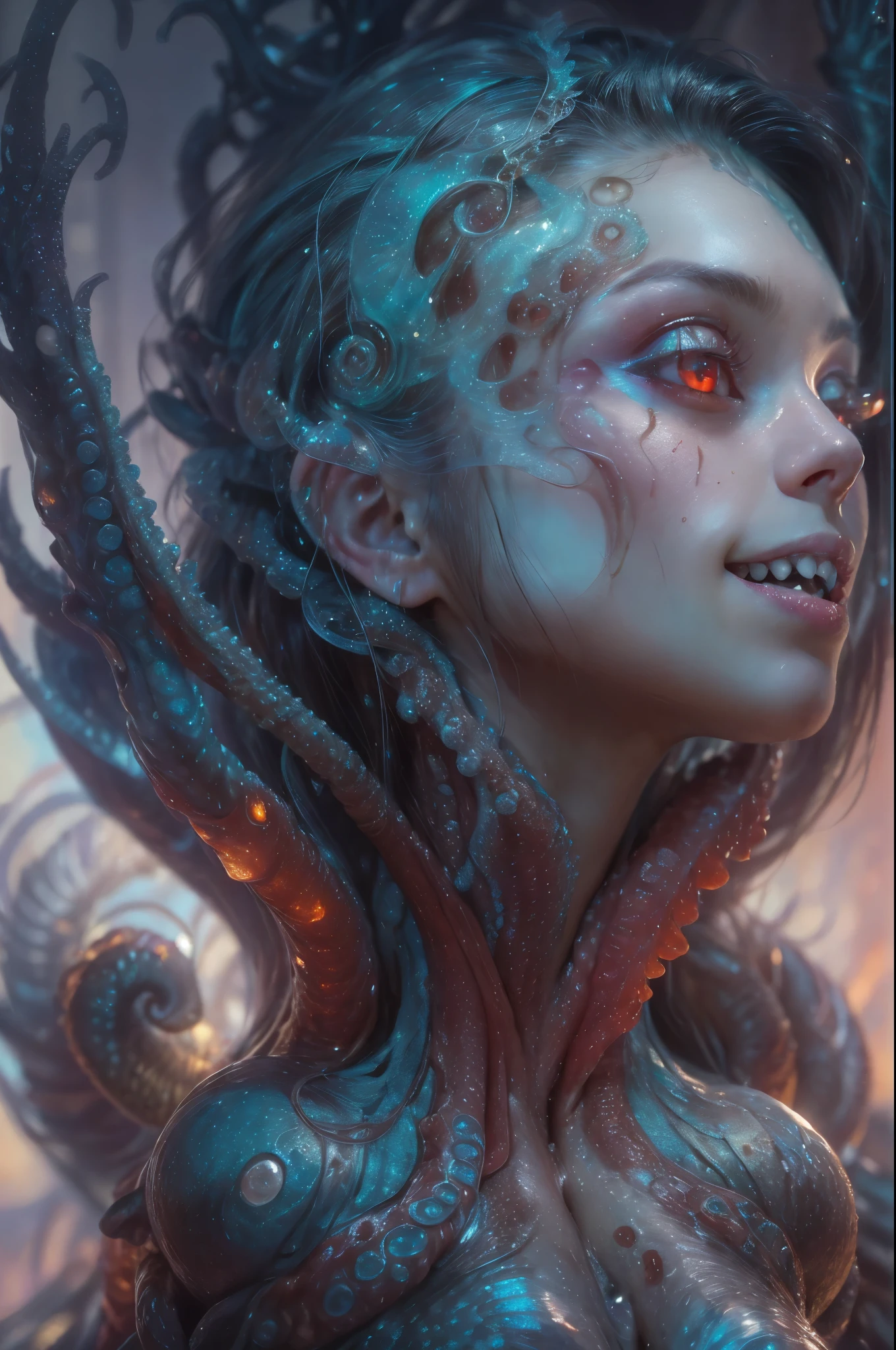 scary and sexy detailed art in color, Portrait, (beautiful and obscene female alien:1.4), (vulgarity1.7), (she has red eyes with no pupils:1.8), (Translucent blueskin:1.7), (There is a female genital-like organ in the middle of the forehead:1.9), (The most beautiful face in the history of the universe:1.2),an evil gaze that seduces, (large mouth:1.1), (sharp teeth like a vampire:1.2), Full body portrait, (bio luminescent:1.5), (Smile wickedly:1.3), (sexypose:1.5), alien, No humans, cells are fused, (Lots of translucent tentacles:1.3) extraterrestrial, cell, bio image, best quality, 8K,In 4K_quality, High freshness, Dramatic Lighting, masutepiece:1.5,cinematic quality, detail up, (exquisite details:1.2), high resolution, High freshness, drawing faithfully, (Thick eyebrows:1.2), Beautiful eyes with fine symmetry,(Highly detailed face and eyes:1.2), Intimate face, (Super detailed skin quality feeling:1.4), perfect anatomy, (Beautiful toned body:1.5), (Moist skin:1.2), not wearing makeup, (dark circles:1.1), long canines, cinematic drawing of characters, ultra high quality model, cinematic quality, detail up, (exquisite details:1.2), high resolution, High freshness, drawing faithfully, official art, Unity 8K Wall paper, best quality, Very high resolution, ultra detailed artistic photography, midnight aura, unreal engine 5, Ultra Sharp Focus, art by Amano Yoshitaka, ArtGerm, Roisch, intricate artwork, best quality, masterpiece, ultra high resolution, (photos realistic:1.4), ultra realistic realism, dream-like, nautilus, Creation of fantasy, Snail, Dream Snail, (biopunk nautilus:1.3),Thrilling color schemes, ultra realistic realism, seductively smiling, Blue tentacles, Amazing mutation, well-proportioned body, goddess of the deep sea