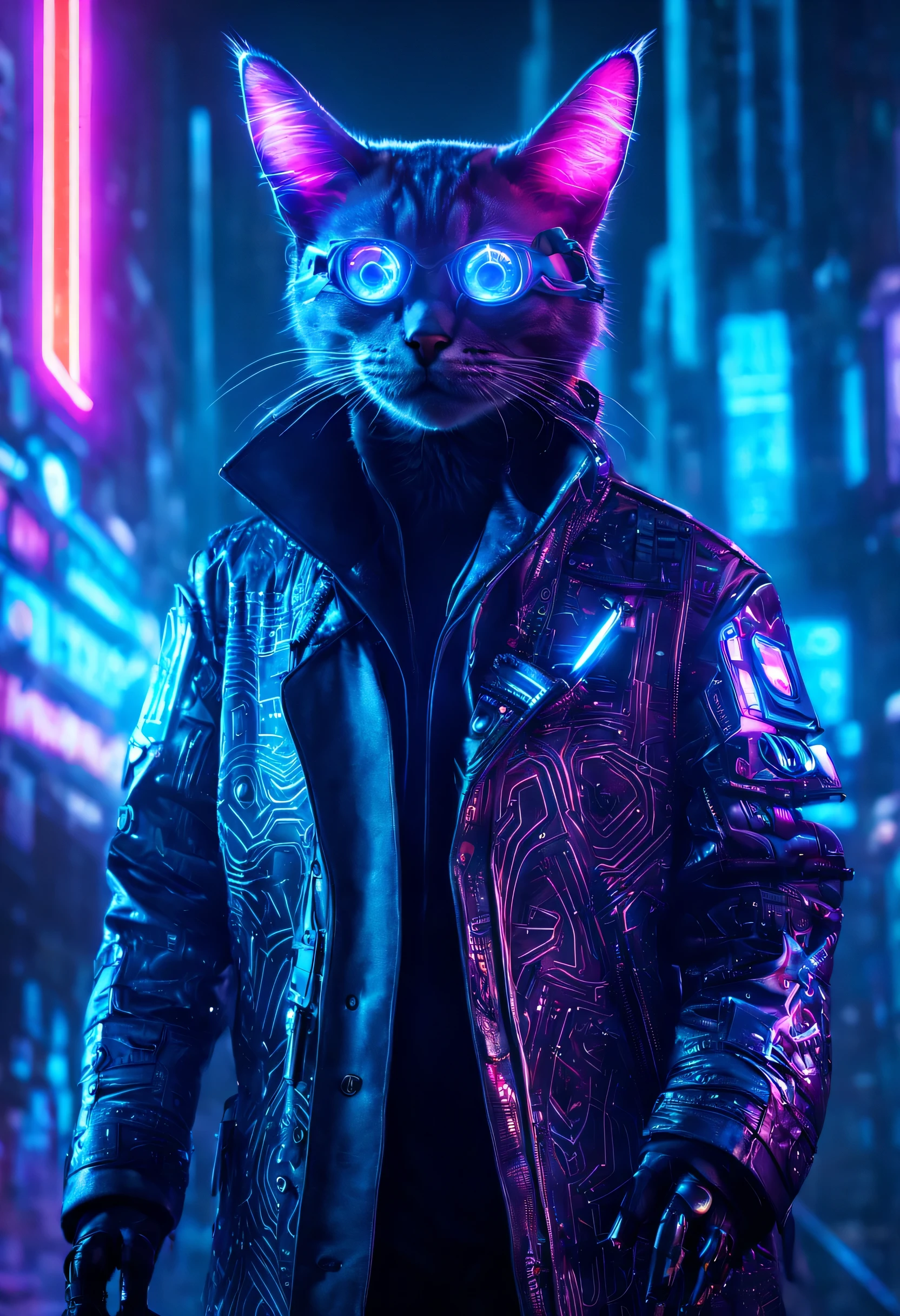  um gato humanoide no universo cyberpunk. Ele tem olhos luminosos que brilham com cores vibrantes, a metallic coat that reflects the city light at night&#39;neon signs. Its ears are pointed and equipped with small cybernetic implants..., while its tail is mechanical, ending in a multifunctional appendix. The cat wears a holographic coat that changes color and pattern as he moves through the futuristic streets, and its claws are retractable, hiding sharp blades. Your facial expression is intriguing, revealing a mix of cunning and cyber curiosity as he navigates the city&#39;Sombras S.
