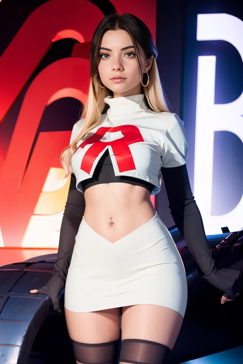 juliaaburch, a woman wearing team rocket,team rocket uniform,white skirt,red letter R,crop top,black thigh-highs,black elbow gloves,