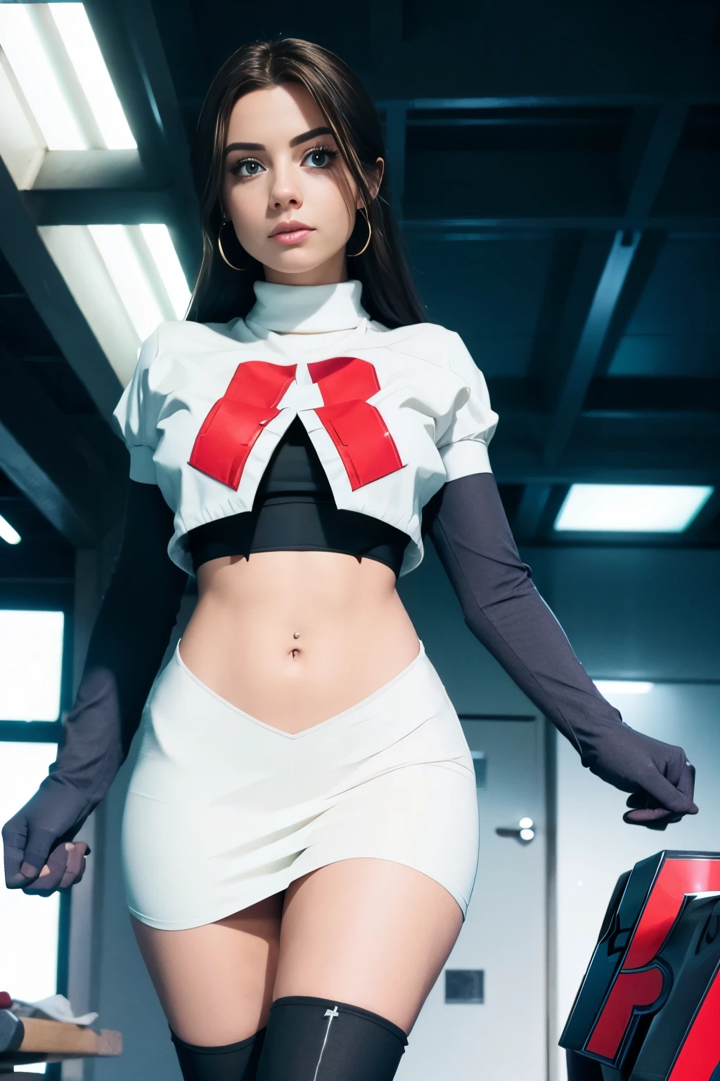 juliaaburch, a woman wearing team rocket,team rocket uniform,white skirt,red letter R,crop top,black thigh-highs,black elbow gloves,