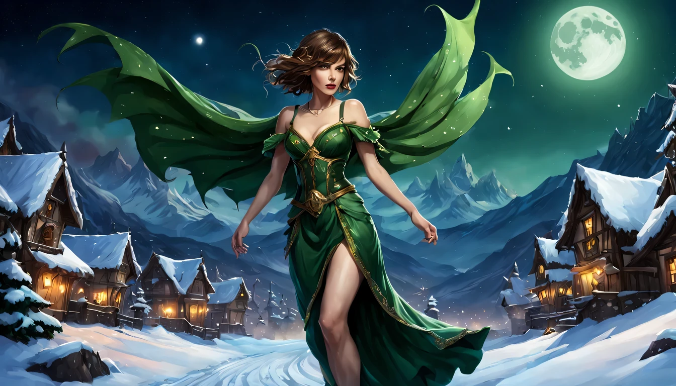 Graceful and fluttering nymph, "Milla Jovovich com vestido Verde escuro longo", caminhando a noite, and with a night sky with moon over snowy mountains, Arte conceitual de inverno, blizzard Arte conceitual de Hearthstone, arte de fundo, arte conceitual estilizada, Fundo da cidade, a bustling magical town, fundo da aldeia nightime, Arte conceitual de Hearthstone, fantasy city setting, arte do jogo de cartas de hearthstone. ”, Noite de Natal de inverno nevada, cidade medieval de fantasia, magical village, Fundo do centro da cidade