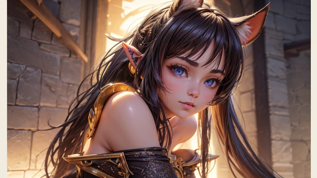 (Cinematic footage, full medium closeup, gorgeous 18-year-old kemonomimi woman soft pale skin, cute and youthful face, well-defined eyebrows, delicate nose, ultra-detailed: 1.1, photo-realistic: 1.4, depth of field, cinematic lighting, IMAX camera, HDR, DTM, Full HD, 8k, flared, medium breasts: 1.5, slim, smile, standing, 8K picture quality, sexy seduction, 4k, 8k, highres, best quality, plump and round lips: 1.4, realistic: 1.37 long, flowing: 1.1 luscious, plump: 1.1 sparkling sequins: 1.1 subtle, 0.9 soft, warm: 1.1 masterpiece: 1.2, realistic: 1.4, photo-realistic: 1.37, ultra-detailed: 1.1 busty animal ears, beautiful, detailed ears: 1.1 best quality, 4k, highres, masterpiece: 1.2 detailed, piercing eyes: 1.1 masterpiece: 1.2 very three-dimensional: 1.2, Unreal Engine 5, octane render), (beautiful ultra-detailed face, eyes, highly detail skin texture, high detailed skin, ultra-detailed body, bright and glowing skin: 1.1)
(Physical Rendering, Professional Lighting, Photon Mapping, Radiosity, Soft Light, Lens Reflection: 1.3), (best shadow), (3D: 0.5, realistic: 0.5, photo-realistic: 1.4), (Sharp focus: 1.5), (beautiful face, perfect face: 1.1), (eye makeup: 1.2), (tight body, fitness body: 1.2), (highest quality), (8k, best quality, masterpiece: 1.4), ((masterpiece, best)), (best illustration), (high detail: 1.1)
,(Masterpiece: 1.37, Dungeons & Dragons Theme: 1.37, Detailed Dungeons & Dragons background: 1.37)