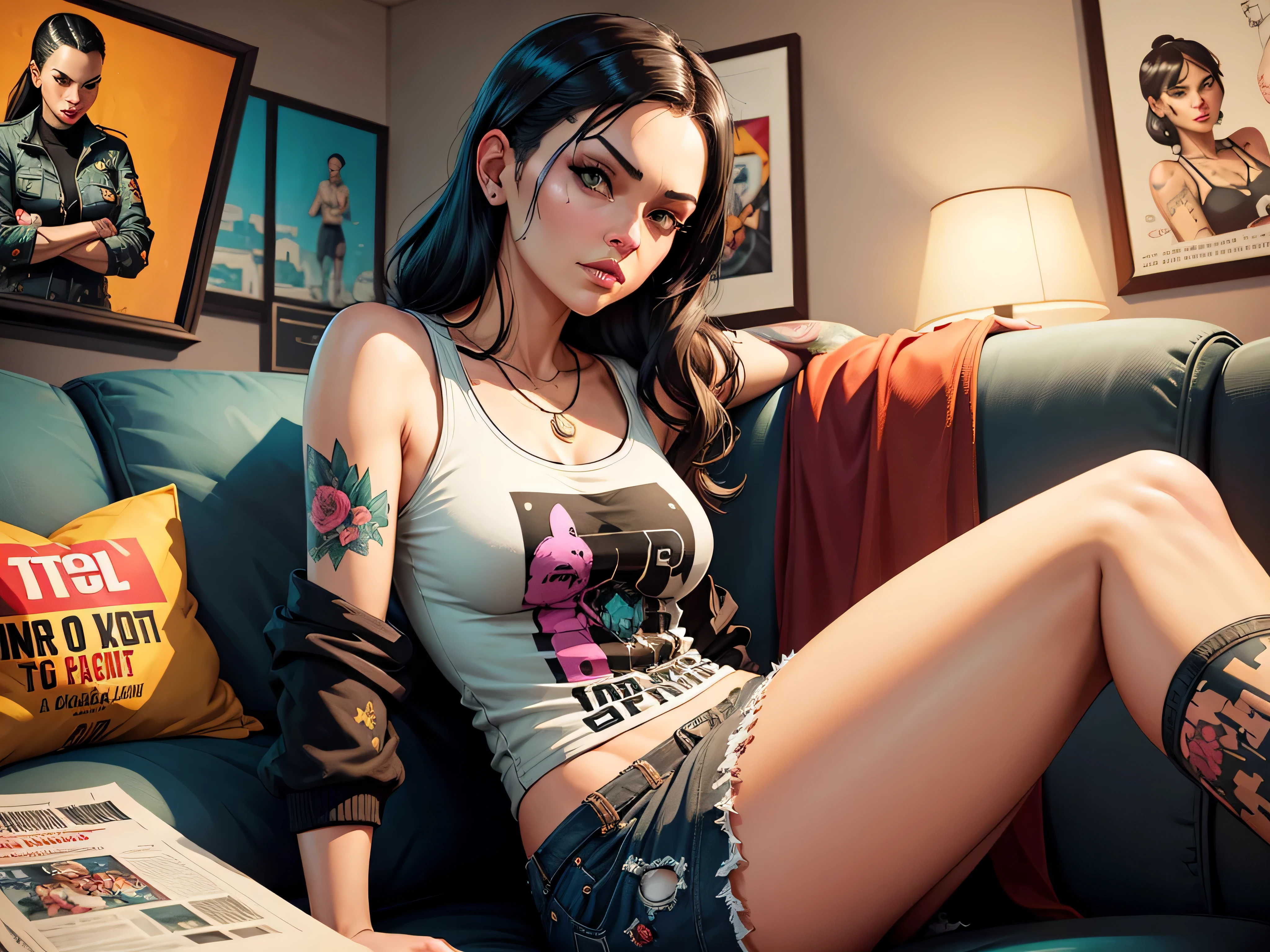 there is a woman sitting on a couch in a living room, art gta 5 comics, gta art style, gta 5 comics, gta art, gta loading screen art, style of gta v artworks, gta iv art style, gta artstyle, 2 d game art gta cover, 2d game art gta cover, gta chinatowon art style