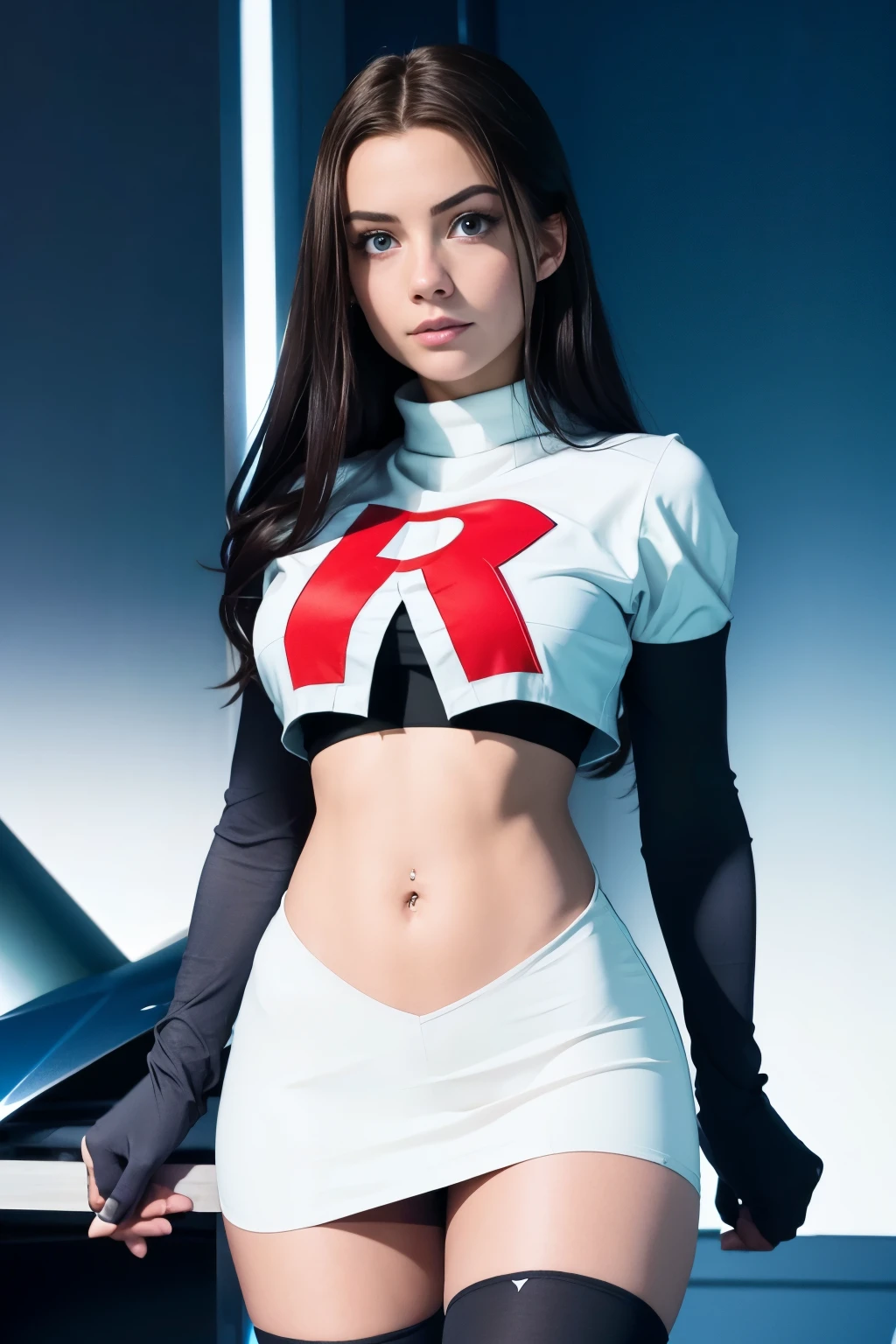juliaaburch, a woman wearing team rocket,team rocket uniform,white skirt,red letter R,crop top,black thigh-highs,black elbow gloves,