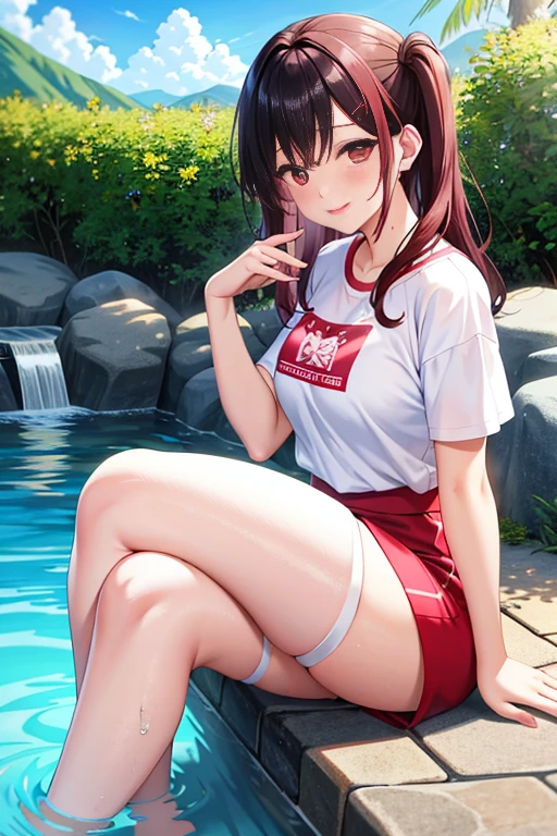 Super detailed,masterpiece,best quality,harf,View,blush blush,Yazawa Nico,red eyes, Blunt hair, 1 female、White clothes、The belly is visible,White bun hairstyle, black hair color hair、chubby、Smile、pale pink lips、Spring water,hot spring,Soaked all over,oestrus,Blushed,visible、Red yoga pants,Sit with your knees folded,wet hair,messy hair