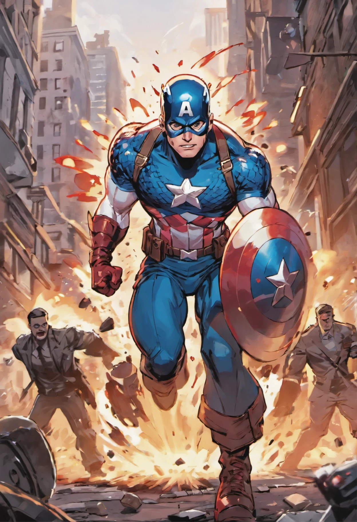 Create Captain America from Marvel Comics. detailed cenary, city scenery