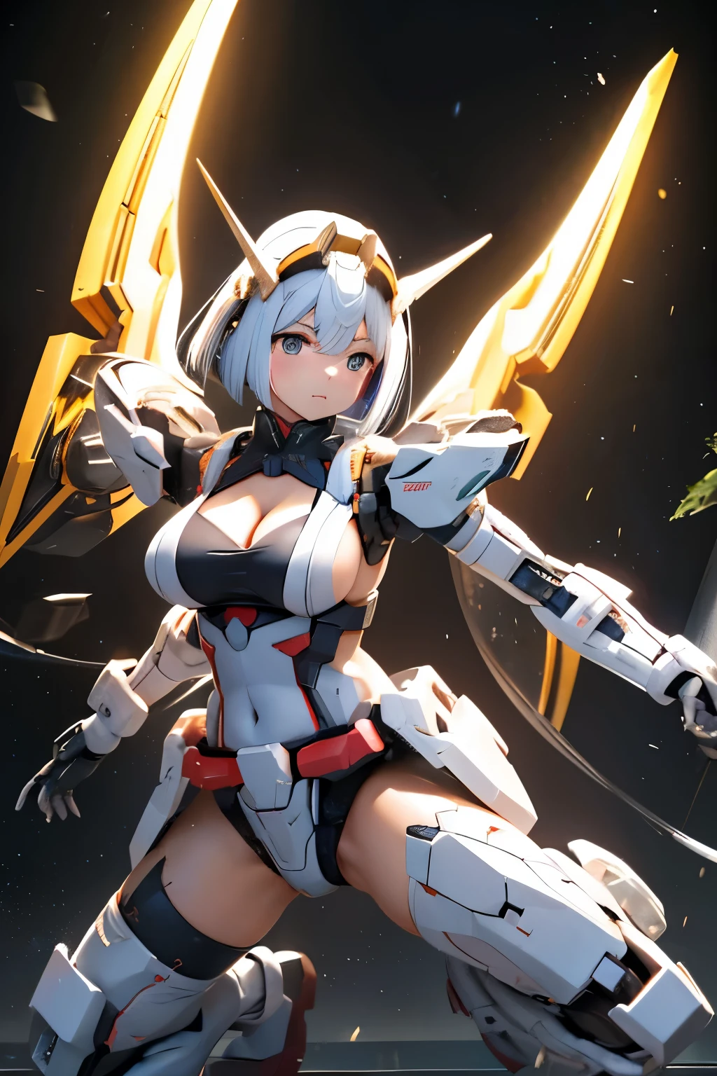 (highest quality)),
((masterpiece)),
(very detailed: 1.3),
ultra HD16k,
NVIDIA RTX,
Super Resolution,
{(japanese young girl)},
((wears a futuristic Gundam mecha)),
(Gundam),
with headgear,
with v-fin , white theme,
((unarmored cleavage)),
((unarmored stomach)),
((unarmored upper arms)),
((unarmored face)),
(unarmored hands),
(unarmored waist),
((unarmored thighs)),
(unarmored ankles),
japanese girl wear light blue and white striped pantie under armor,
battle pose,
cute,
(cute:1.2),
(bob cut:1.3),
三つ編み,
黒髪,
太い眉毛,
薄い色の虹彩,
大きくて輝いている黒い瞳,
長いまつげ,
小さく薄い色の自然な唇,
(Average face of Japanese idols),
(日本人特有の童顔:1.3),
(baby face),
広いおでこ:1.2,
ふっくらした頬,
小さな顎,
open legs,
spread feet,
visible side boob,
(mechanical wings),
(巨大な武器を持っている:1.2),
特大の盾を持っている,
looking at viewer,
Focus on the eyes
in the hangar,
3D, asymmetric body, 
Rule of thirds,
full body:1.5,
multilayer textureperfect proportions,
octane rendering,
duotone lighting,
Low ISO,
wide aperture,
White balance,
HDR (High Dynamic Range),
Ray Tracing,
Subsurface Scattering,
PBR Texturing,
Post Processing,
Anisotropic Filtering,
Depth of Field,
Maximum Clarity and Clarity,
High efficiency subpixel,
subpixel convolution,
particles of light,
light scattered,
Tyndall effect,with sleek and menacing design,