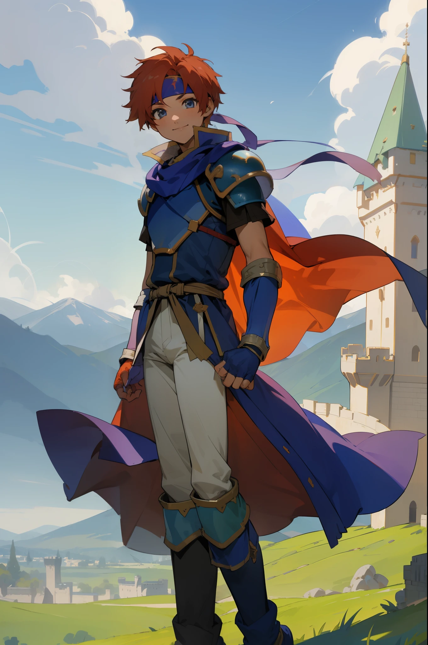 masterpiece, best quality,  feroy, headband, cape, armor, blue tunic, fingerless gloves, white pants, boots, smile, looking at viewer, clouds, mountains, castle in distance 