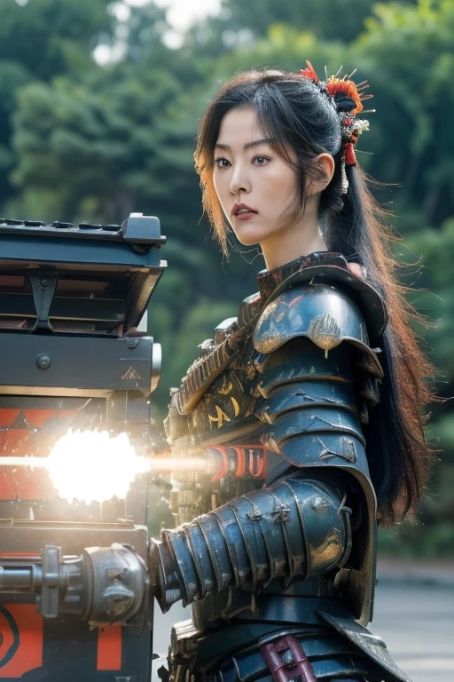 extremely detailed CG unity 32K wallpaper, top quality, masterpiece, raw photo, photorealistic, highest resolution, professional photo, dynamic, cinematic lighting, (Japan in 19th century, science fiction:1.4), steampunk, Edo Period, sharp focus, depth of field, (perfect body, correct anatomy:1.5), intricately detailed face, expressive face, POV, (from front:1.3), 1 girl, Japanese woman, ((female warrior of Tokugawa Shogunate:1.3)), solo, cowboy shot, black hair, ponytail, ultra-realistic skin, detailed skin, tan, (dark and bright eyes:1.4), highly detailed nose and lips, (innocent face:1.2), ((samurai armor:1.5)), (slender, medium breast:1.5), ((powered suit:1.4)), perfect body proportion, he girl's body is highly weaponized, (((in combat with army of a Western Nation:1.2))), (((holding a large machine gun and shooting the machine gun:1.5))), (((outdoor, battlefield, vandalize town, noon:1.3)))