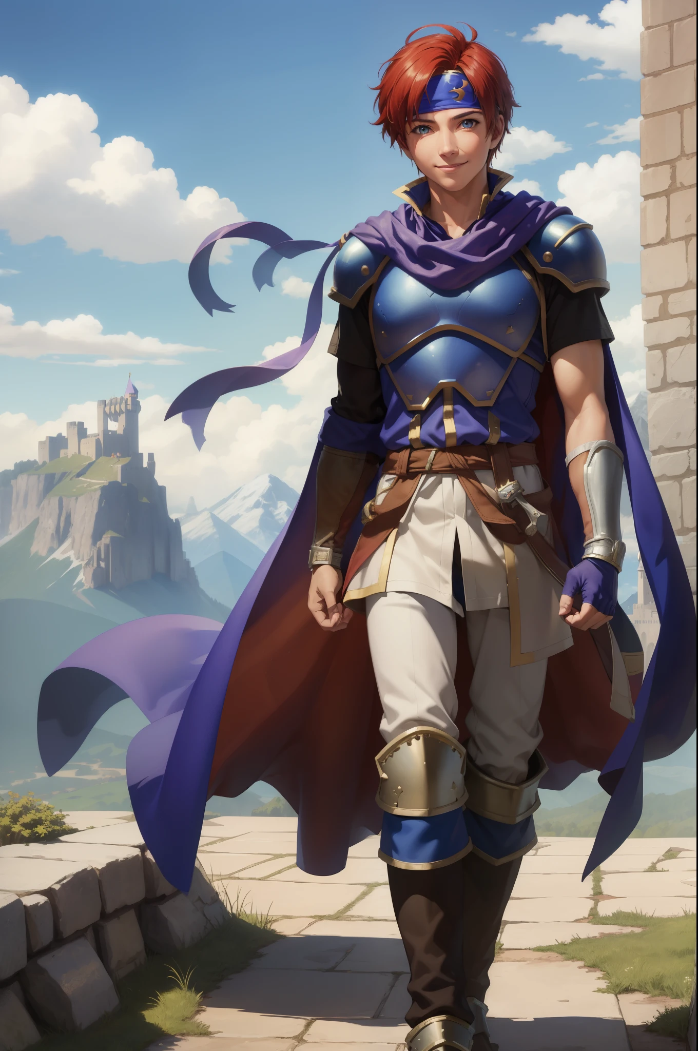 masterpiece, best quality,  feroy, headband, cape, armor, blue tunic, fingerless gloves, white pants, boots, smile, looking at viewer, clouds, mountains, castle in distance 