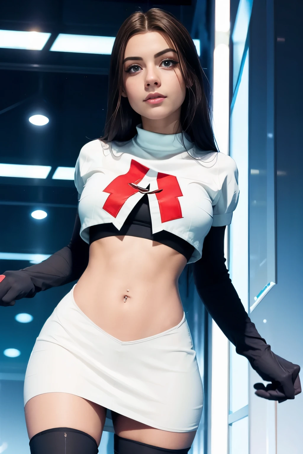 juliaaburch, a woman wearing team rocket,team rocket uniform,white skirt,red letter R,crop top,black thigh-highs,black elbow gloves,