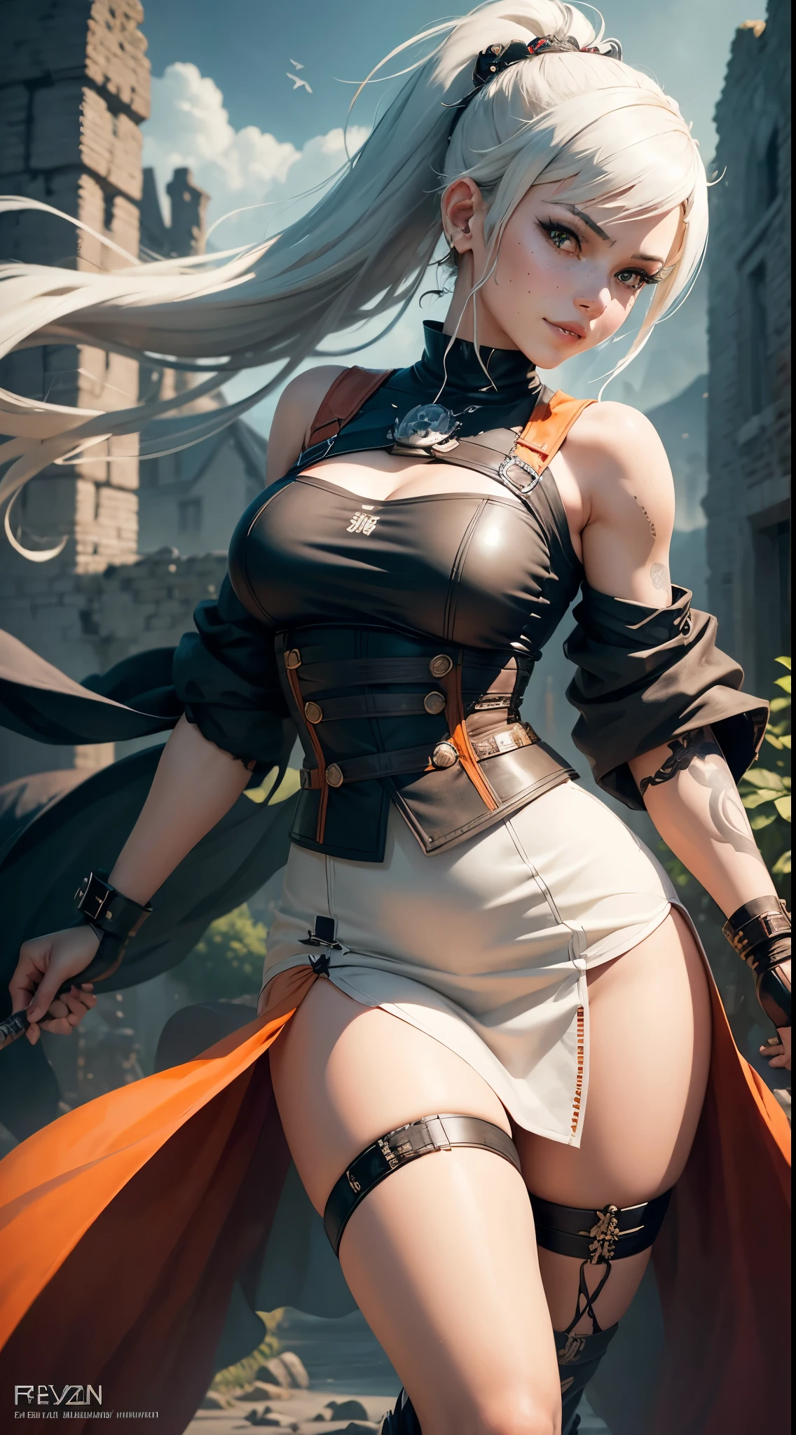 gwen tennyson,1girl,tracer,yorha 2b,rebecca chambers,overwatch,atelier ryza,close up,feudal castle ruins,tattoos,orange and white samurai armor,white short sleeve feudal top,lotus jewelry,long feudal skirt,harness corset,long samurai ponytail hair,punk makeup,green eyes,multicolored silver hair,long dress train,sexy smile,freckles,beautiful girl,thigh high samurai boots,large breasts,8k,ultra detailed,realistic,fantasy art,feudal samurai armor,feudal gown dress,hair pin,samurai ear piercings,feudal hand and neck jewelry,(weather:windy),long orange ninja cloak,(pose:ready to fight),leaves flying,katana sword,