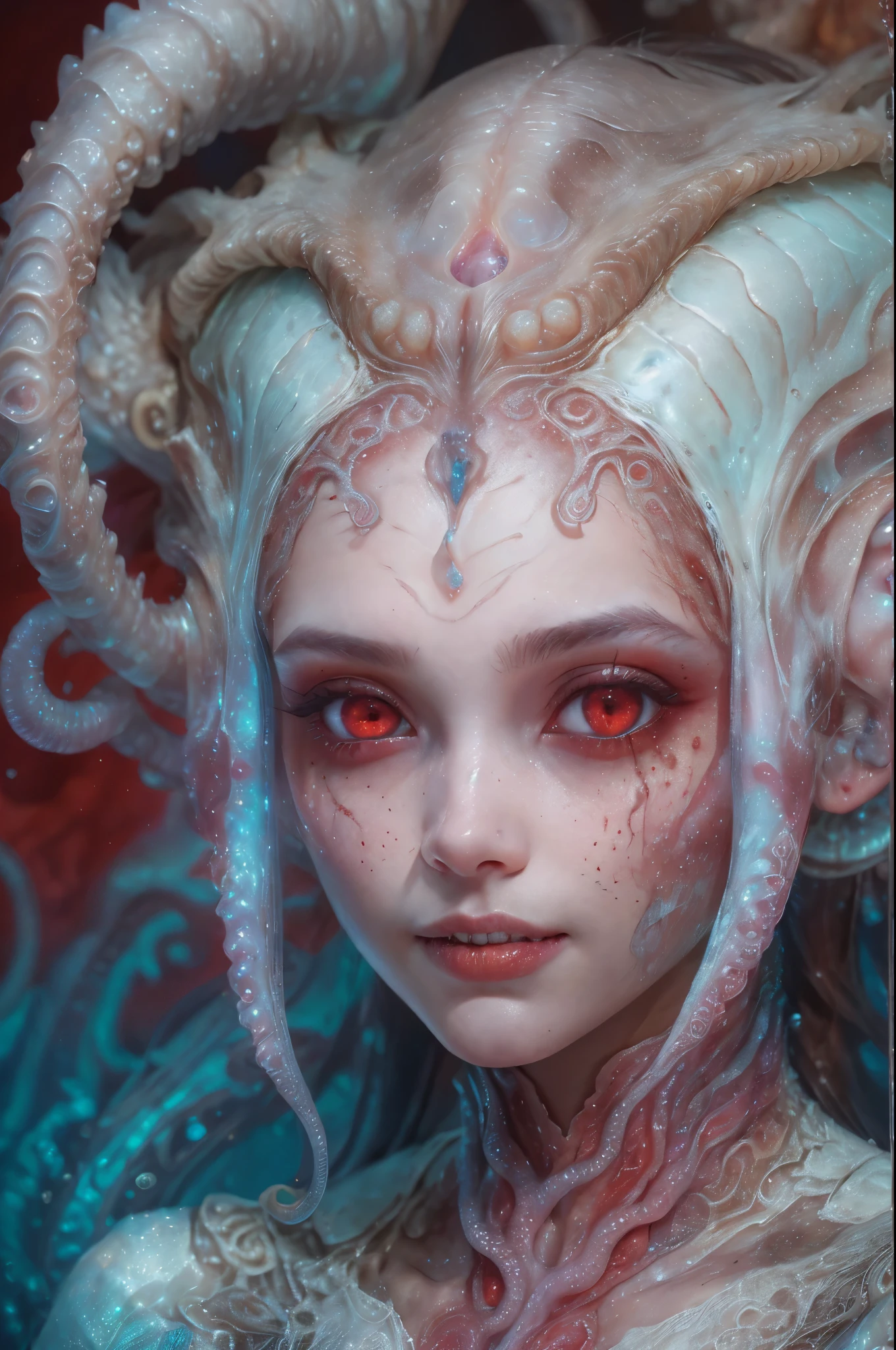 scary and sexy detailed art in color, Portrait, (beautiful and obscene female alien:1.4), (vulgarity1.7), (she has red eyes with no pupils:1.8), (Translucent white skin:1.7), (There is a female genital-like organ in the middle of the forehead:1.9), (The most beautiful face in the history of the universe:1.2),an evil gaze that seduces, (large mouth:1.1), (sharp teeth like a vampire:1.2), Full body portrait, (bio luminescent:1.5), (Smile wickedly:1.3), (sexypose:1.5), alien, No humans, cells are fused, (Lots of translucent tentacles:1.3) extraterrestrial, cell, bio image, best quality, 8K, In 4K_quality, High freshness, Dramatic Lighting, masutepiece:1.5,cinematic quality, detail up, (exquisite details:1.2), high resolution, High freshness, drawing faithfully, (Thick eyebrows:1.2), Beautiful eyes with fine symmetry,(Highly detailed face and eyes:1.2), Intimate face, (Super detailed skin quality feeling:1.4), perfect anatomy, (Beautiful toned body:1.5), (Moist skin:1.2), not wearing makeup, (dark circles:1.1), long canines, cinematic drawing of characters, ultra high quality model, cinematic quality, detail up, (exquisite details:1.2), high resolution, High freshness, drawing faithfully, official art, Unity 8K Wall paper, best quality, Very high resolution, ultra detailed artistic photography, midnight aura, unreal engine 5, Ultra Sharp Focus, art by Amano Yoshitaka, ArtGerm, Roisch, intricate artwork, best quality, masterpiece, ultra high resolution, (photos realistic:1.4), ultra realistic realism, dream-like, nautilus, Creation of fantasy, Snail, Dream Snail, (biopunk nautilus:1.3),Thrilling color schemes, ultra realistic realism, seductively smiling, every hair is thin blue tentacle, Amazing mutation, well-proportioned body, goddess of the deep sea
