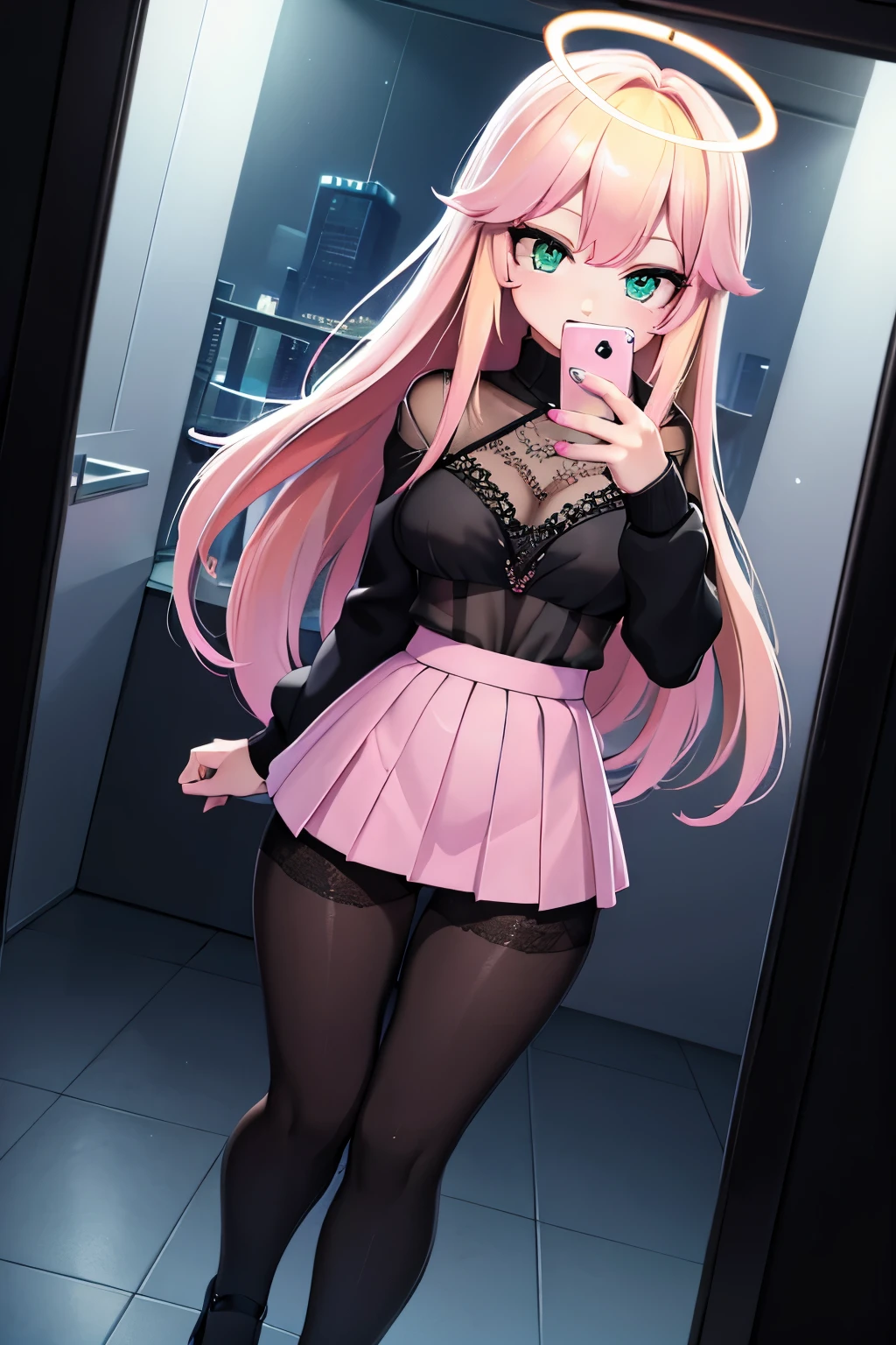 1smartphone, (full body), ((mirror selfie)), ((black pantyhose)), (masterpiece), best quality, expressive eyes, perfect face, smiling, Masterpiece, best quality, 8k, Professional Photography, Angel girl, detailed face, expressive eyes, (blonde hair:1.3), (pink highlights:1.5), very long hair, (((Iridescent halo))), perfect nose, halo fully in frame, big breasts, BREAK, (petite body:1.1), green eyes, perfect hands, BREAK, (Sheer lace top with intricate beading, BREAK, pleated checkered miniskirt), creating a romantic ethereal vogue-inspired fashion look, BREAK, Nighttime cityscape with neon lights, reflective surfaces, a modern urban vibe, offering a dynamic and futuristic setting, bathroom with prismatic lighting features, capture a selfie with a mesmerizing and futuristic prism glow,
