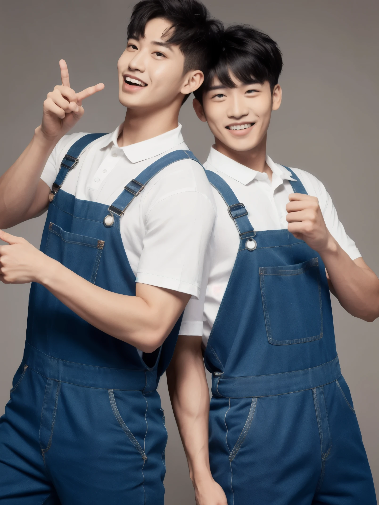 muscular boy in navy blue and white overalls with right thumb raised
