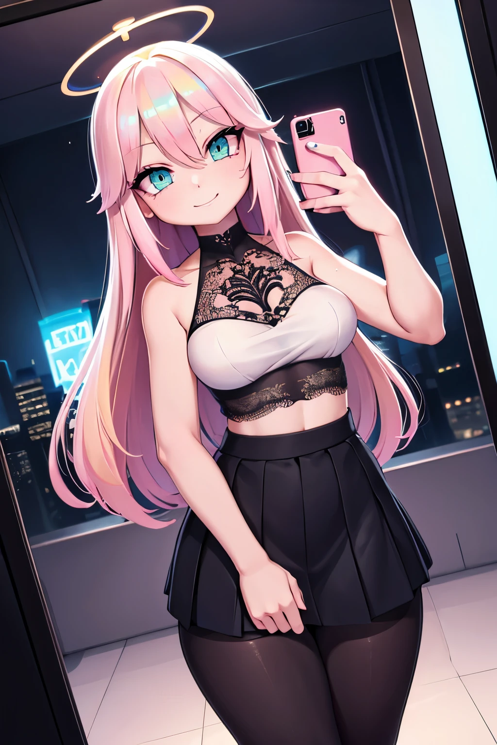 (close-up), ((mirror selfie)), (((((black pantyhose))))), (masterpiece), best quality, expressive eyes, perfect face, smiling, Masterpiece, best quality, 8k, Professional Photography, Angel girl, detailed face, expressive eyes, (blonde hair:1.3), (pink highlights:1.5), very long hair, (((Iridescent halo))), perfect nose, halo fully in frame, big breasts, BREAK, (petite body:1.3), green eyes, perfect hands, BREAK, Sheer lace dress with intricate beading and a flowing train, creating a romantic ethereal vogue-inspired fashion look, BREAK, Nighttime cityscape with neon lights, reflective surfaces, a modern urban vibe, offering a dynamic and futuristic setting,