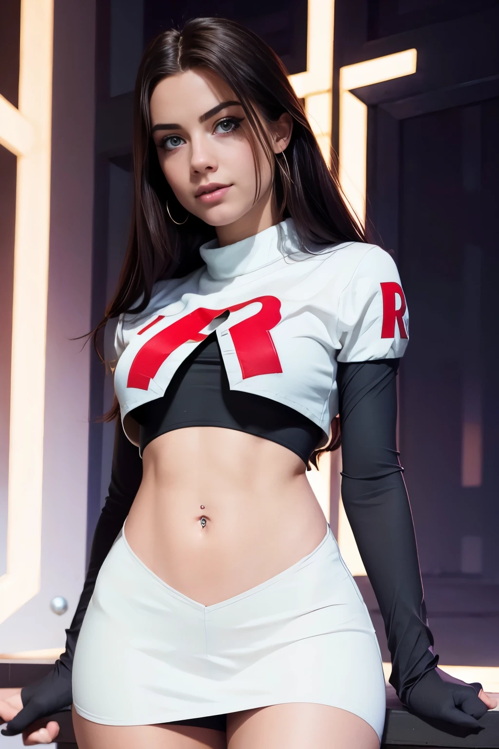 juliaaburch, a woman wearing team rocket,team rocket uniform,white skirt,red letter R,crop top,black thigh-highs,black elbow gloves,