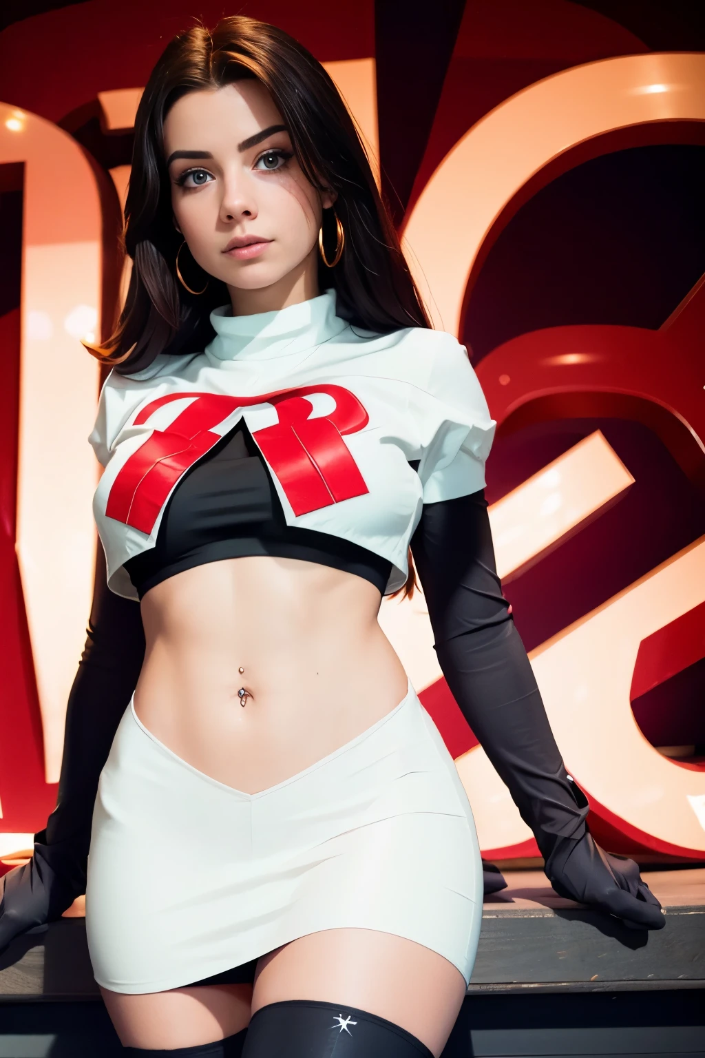 juliaaburch, a woman wearing team rocket,team rocket uniform,white skirt,red letter R,crop top,black thigh-highs,black elbow gloves,