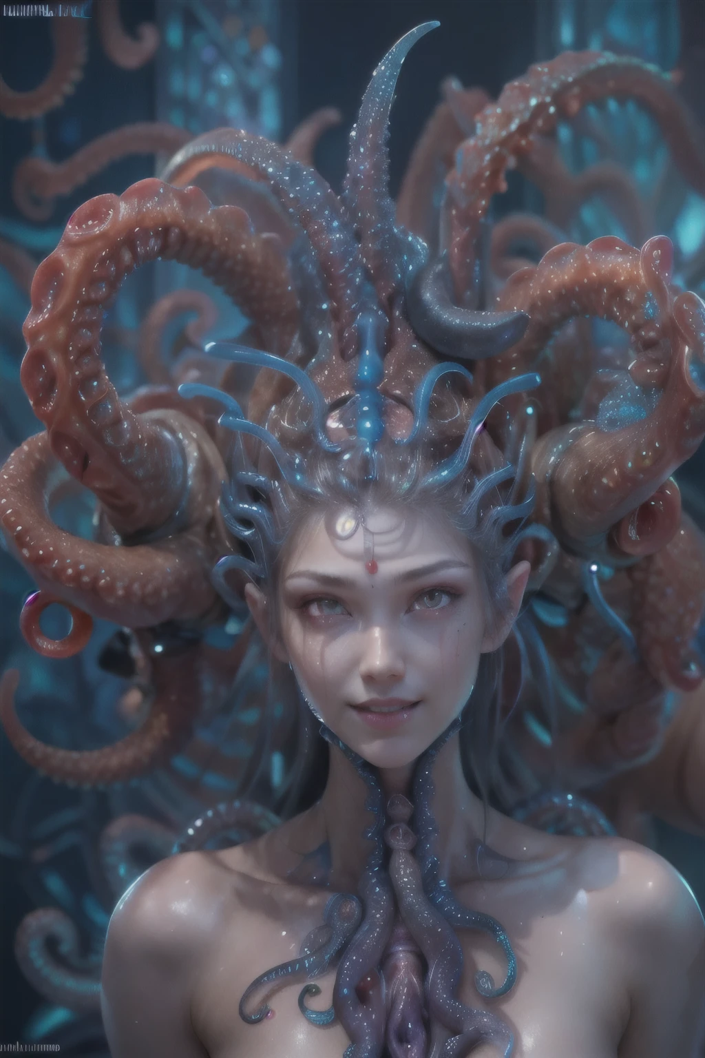 scary and sexy detailed art in color, Portrait, (beautiful and obscene female alien:1.4), (vulgarity1.7), (she has red eyes with no pupils:1.8), (Translucent blueskin:1.7), (There is a female genital-like organ in the middle of the forehead:1.9), (The most beautiful face in the history of the universe:1.2),an evil gaze that seduces, (large mouth:1.1), (sharp teeth like a vampire:1.2), Full body portrait, (bio luminescent:1.5), (Smile wickedly:1.3), (sexypose:1.5), alien, No humans, cells are fused, (Lots of translucent tentacles:1.3) extraterrestrial, cell, bio image, best quality, 8K,In 4K_quality, High freshness, Dramatic Lighting, masutepiece:1.5,cinematic quality, detail up, (exquisite details:1.2), high resolution, High freshness, drawing faithfully, (Thick eyebrows:1.2), Beautiful eyes with fine symmetry,(Highly detailed face and eyes:1.2), Intimate face, (Super detailed skin quality feeling:1.4), perfect anatomy, (Beautiful toned body:1.5), (Moist skin:1.2), not wearing makeup, (dark circles:1.1), long canines, cinematic drawing of characters, ultra high quality model, cinematic quality, detail up, (exquisite details:1.2), high resolution, High freshness, drawing faithfully, official art, Unity 8K Wall paper, best quality, Very high resolution, ultra detailed artistic photography, midnight aura, unreal engine 5, Ultra Sharp Focus, art by Amano Yoshitaka, ArtGerm, Roisch, intricate artwork, best quality, masterpiece, ultra high resolution, (photos realistic:1.4), ultra realistic realism, dream-like, nautilus, Creation of fantasy, Snail, Dream Snail, (biopunk nautilus:1.3),Thrilling color schemes, ultra realistic realism, seductively smiling, Blue tentacles, Amazing mutation, well-proportioned body, goddess of the deep sea