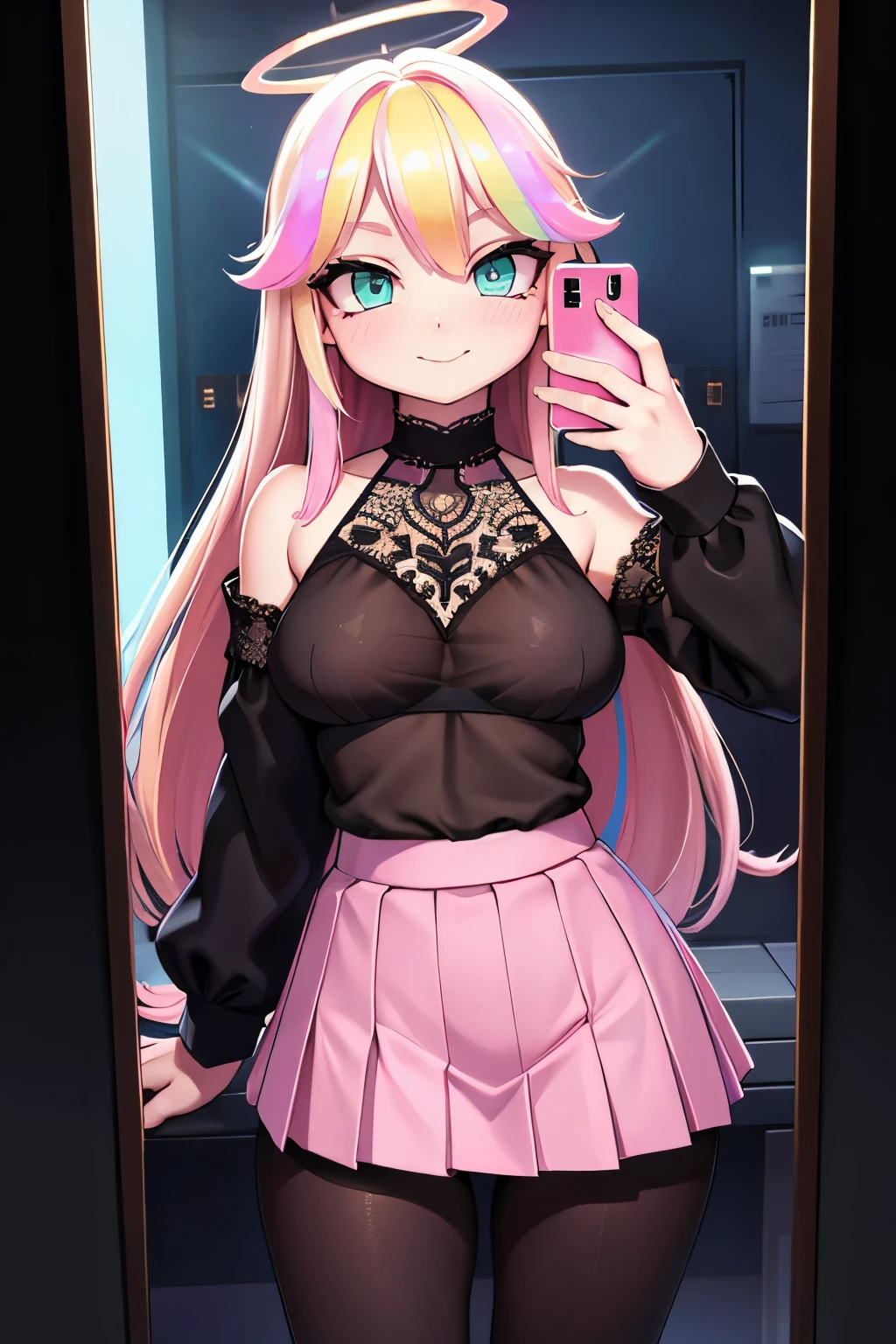 1smartphone, ((mirror selfie)), ((skirt pull)), (black pantyhose), (masterpiece), best quality, expressive eyes, perfect face, smiling, Masterpiece, best quality, 8k, Professional Photography, Angel girl, detailed face, expressive eyes, (blonde hair:1.3), (pink highlights:1.5), very long hair, (((Iridescent halo))), perfect nose, halo fully in frame, big breasts, BREAK, (petite body:1.3), green eyes, perfect hands, BREAK, ((Sheer lace top with intricate embroidery)), pokies, BREAK, (pleated miniskirt), creating a romantic ethereal vogue-inspired fashion look, BREAK, Nighttime cityscape with neon lights, reflective surfaces, a modern urban vibe, offering a dynamic and futuristic setting, bathroom with prismatic lighting features, capture a selfie with a mesmerizing and futuristic prism glow,