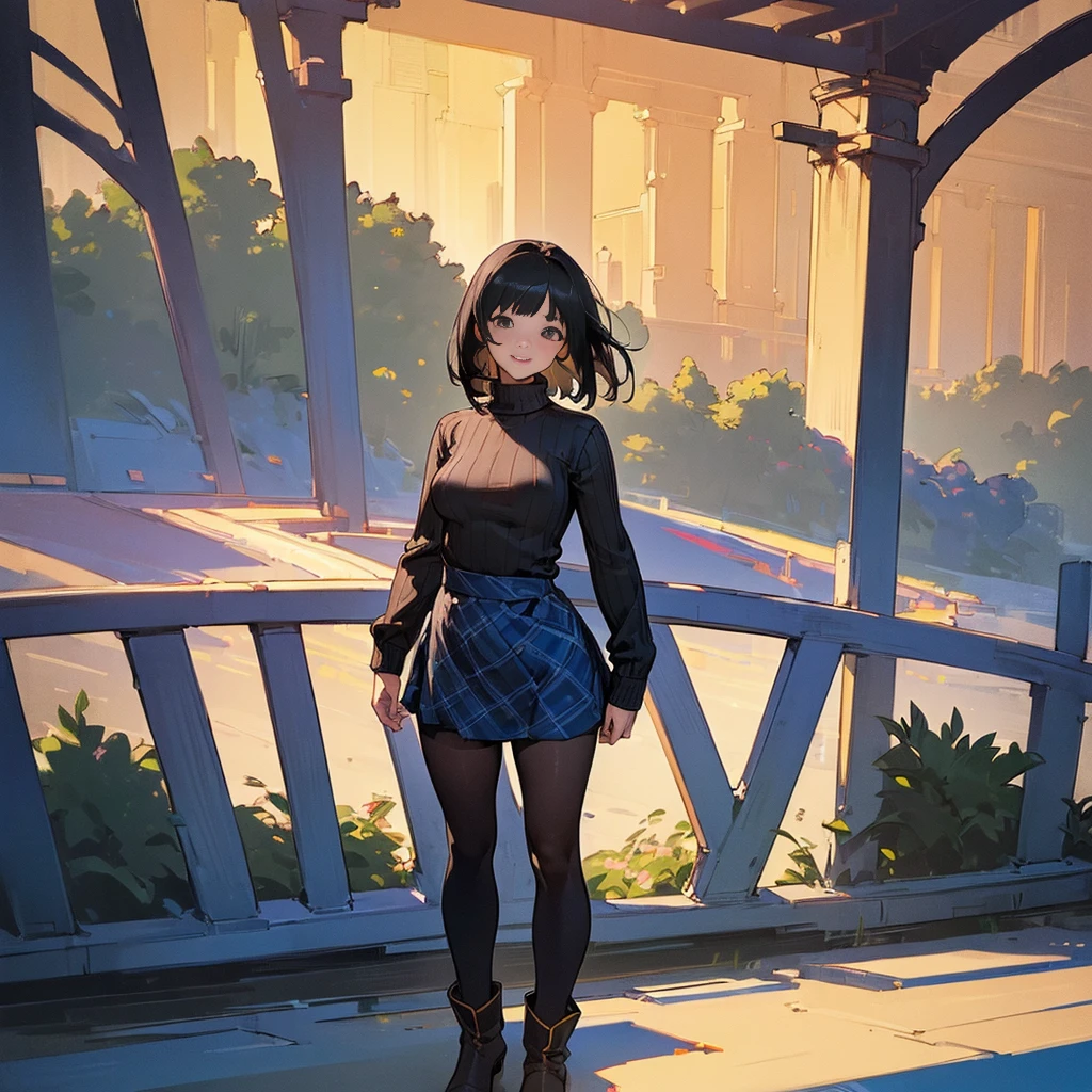 (High quality, a high resolution, ultra detailed, Realistic:1.37), peaceful atmosphere, (on open air, garden), teenage girl, standing alone, (My breasts are big.), Beautifully detailed features, nice smile, (Black Hair Bob), ribbed sweater, Blue Tartan Skirt, black tights, Brown boots.