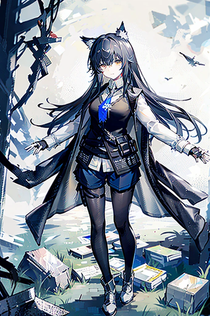 Act, 1 girl, Texas (polar nights), One, tights under shorts, animal ears, long hair, (black Vest), tights, shorts, Black hair, whole body, (black shirt:1.5), boots, blue gloves, black tights, shirt, tie, (white shoes:1.5), Wolf ears, gloves, blue tie, Looking at the viewer, long white sleeves, Vest, coat, blue shorts, collared shirt, fingerless gloves, standing, jacket, Bang, black coat, Brown eyes, breast, legwear under shorts, black jacket, landscape, background, clear face,