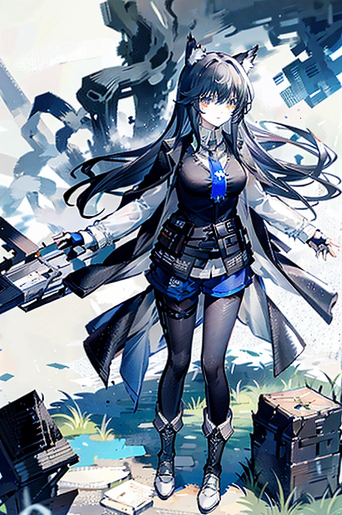 Act, 1 girl, Texas (polar nights), One, tights under shorts, animal ears, long hair, (black Vest), tights, shorts, Black hair, whole body, (black shirt:1.5), boots, blue gloves, black tights, shirt, tie, (white shoes:1.5), Wolf ears, gloves, blue tie, Looking at the viewer, long white sleeves, Vest, coat, blue shorts, collared shirt, fingerless gloves, standing, jacket, Bang, black coat, Brown eyes, breast, legwear under shorts, black jacket, landscape, background, clear face,