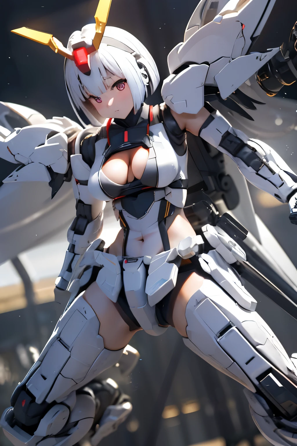 (highest quality)),
((masterpiece)),
(very detailed: 1.3),
ultra HD16k,
NVIDIA RTX,
Super Resolution,
{(japanese young girl)},
((wears a futuristic Gundam mecha)),
(Gundam),
with headgear,
with v-fin , white theme,
((unarmored cleavage)),
((unarmored stomach)),
((unarmored upper arms)),
((unarmored face)),
(unarmored hands),
(unarmored waist),
((unarmored thighs)),
(unarmored ankles),
japanese girl wear light blue and white striped pantie under armor,
battle pose,
cute,
(cute:1.2),
(bob cut:1.3),
三つ編み,
黒髪,
太い眉毛,
薄い色の虹彩,
大きくて輝いている黒い瞳,
長いまつげ,
小さく薄い色の自然な唇,
(Average face of Japanese idols),
(日本人特有の童顔:1.3),
(baby face),
広いおでこ:1.2,
ふっくらした頬,
小さな顎,
open legs,
spread feet,
visible side boob,
(mechanical wings),
holding weapon,holding huge weapon,
looking at viewer,
Focus on the eyes
destroyed city background,
3D, asymmetric body,
Rule of thirds,
full body:1.5,
multilayer textureperfect proportions,
octane rendering,
duotone lighting,
Low ISO,
wide aperture,
White balance,
HDR (High Dynamic Range),
Ray Tracing,
Subsurface Scattering,
PBR Texturing,
Post Processing,
Anisotropic Filtering,
Depth of Field,
Maximum Clarity and Clarity,
High efficiency subpixel,
subpixel convolution,
particles of light,
light scattered,
Tyndall effect,with sleek and menacing design,
