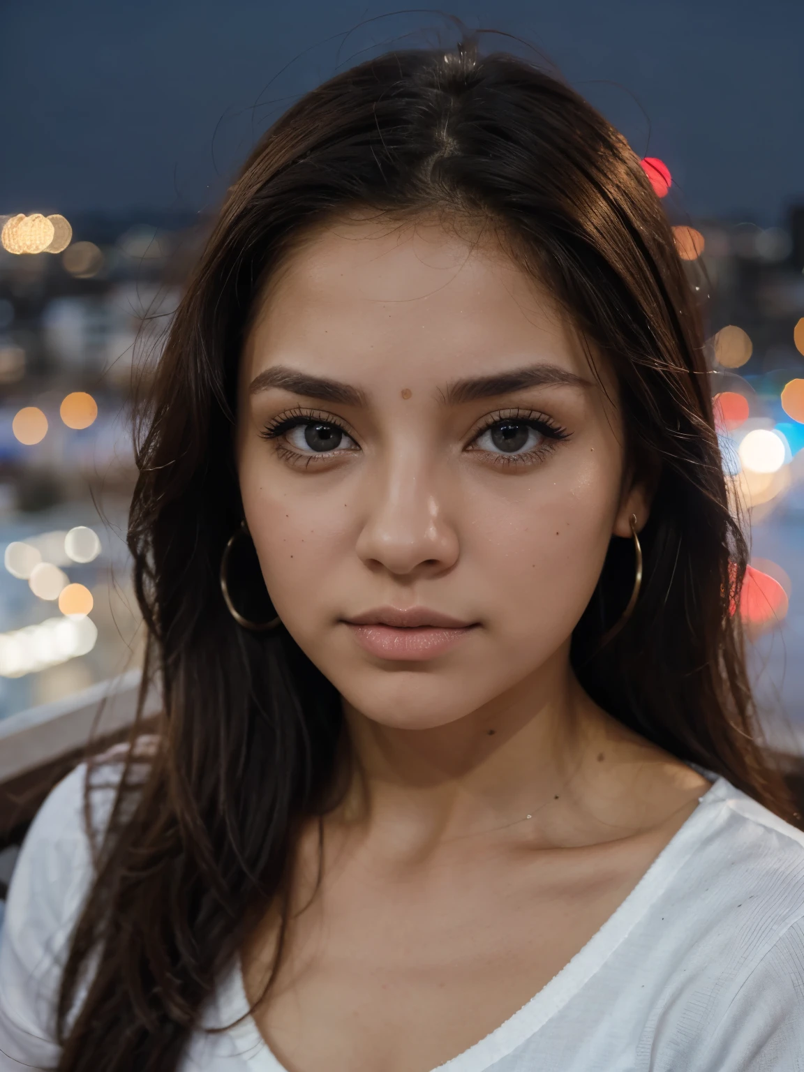 Mujer blanca hermosa, ojos azules, nariz perfecta, hoyuelos en los cachetes, small mouth, cabello ?????, in the background a city in Mexico, luces con efecto boque