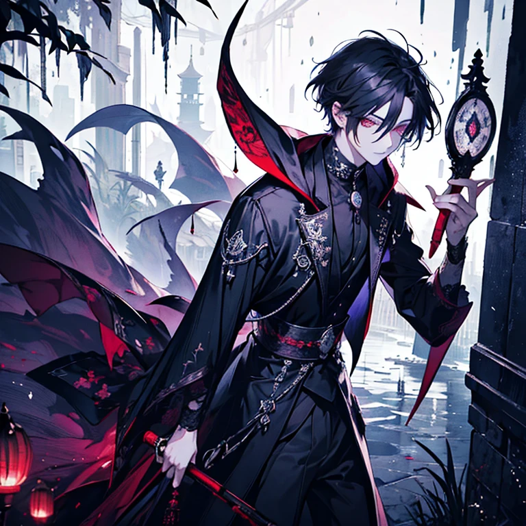 (masterpiece, best quality, super detailed, best shadows), (detailed background,), rain, rainy night, pouring rain, night, crescent moon, 1 Male, solo, solo male, 20, Vampire, walking alone, walking at night, caught in the rain, soaked, gothic victorian long coat, long black hair, glowing red eyes, emotionless expression, exposed chest, gothic, goth, ancient Tokyo Japan, japanese paper lantern, japanese street at night, anime, young, gothic vampire, vampire male, bright glowing red eyes, school student, college student, glasses, center of frame, focus on male,