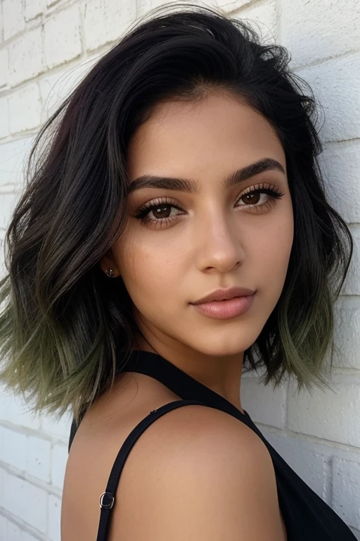 foto do instagram, Mulher brasileira de 21 anos, cabelo curto, Cabelo preto, olhos verdes, retrato em close,  frontal, corpo inteiro, decote, pale, sombras duras