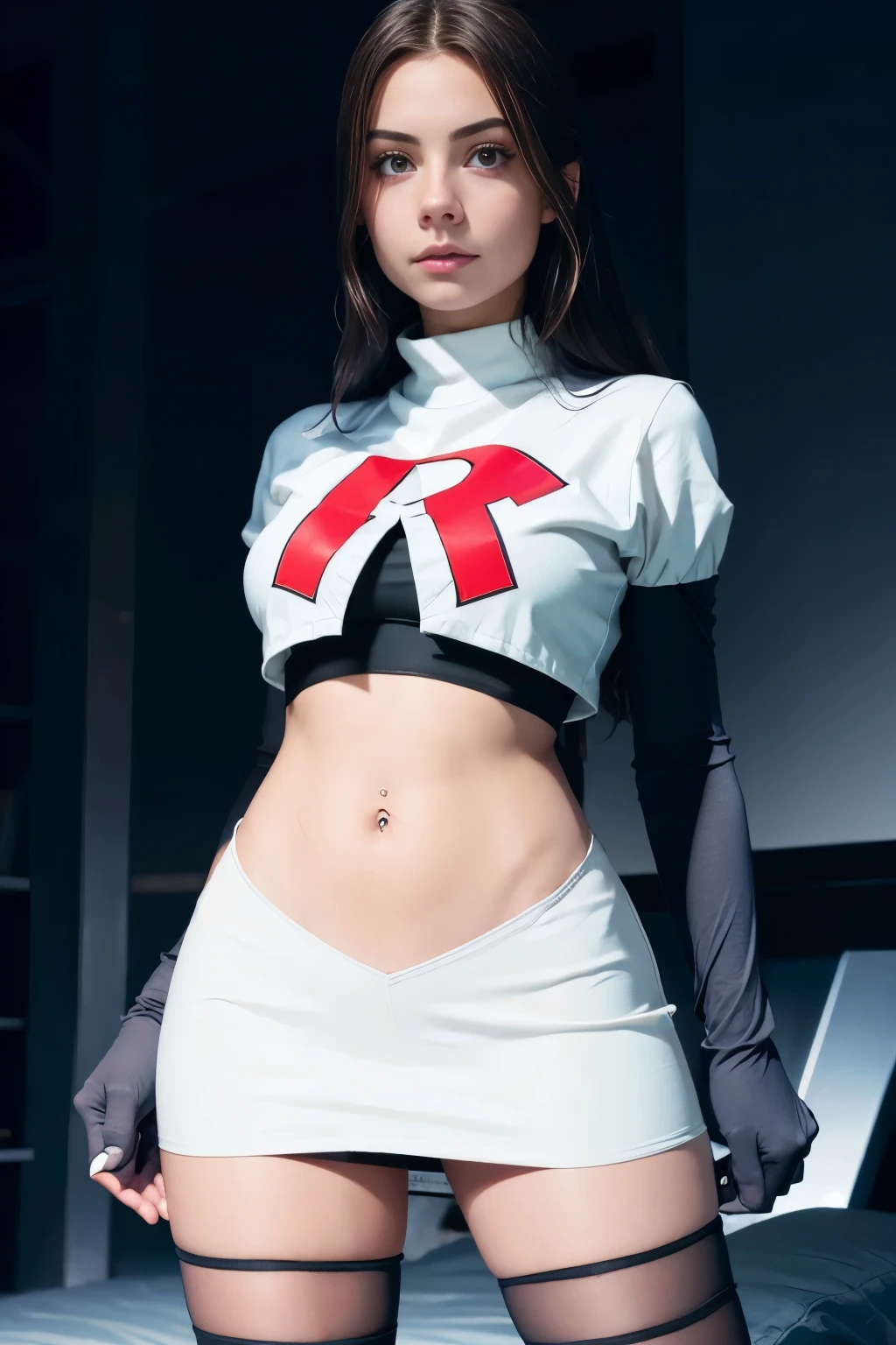 juliaaburch, a woman wearing team rocket,team rocket uniform,white skirt,red letter R,crop top,black thigh-highs,black elbow gloves,