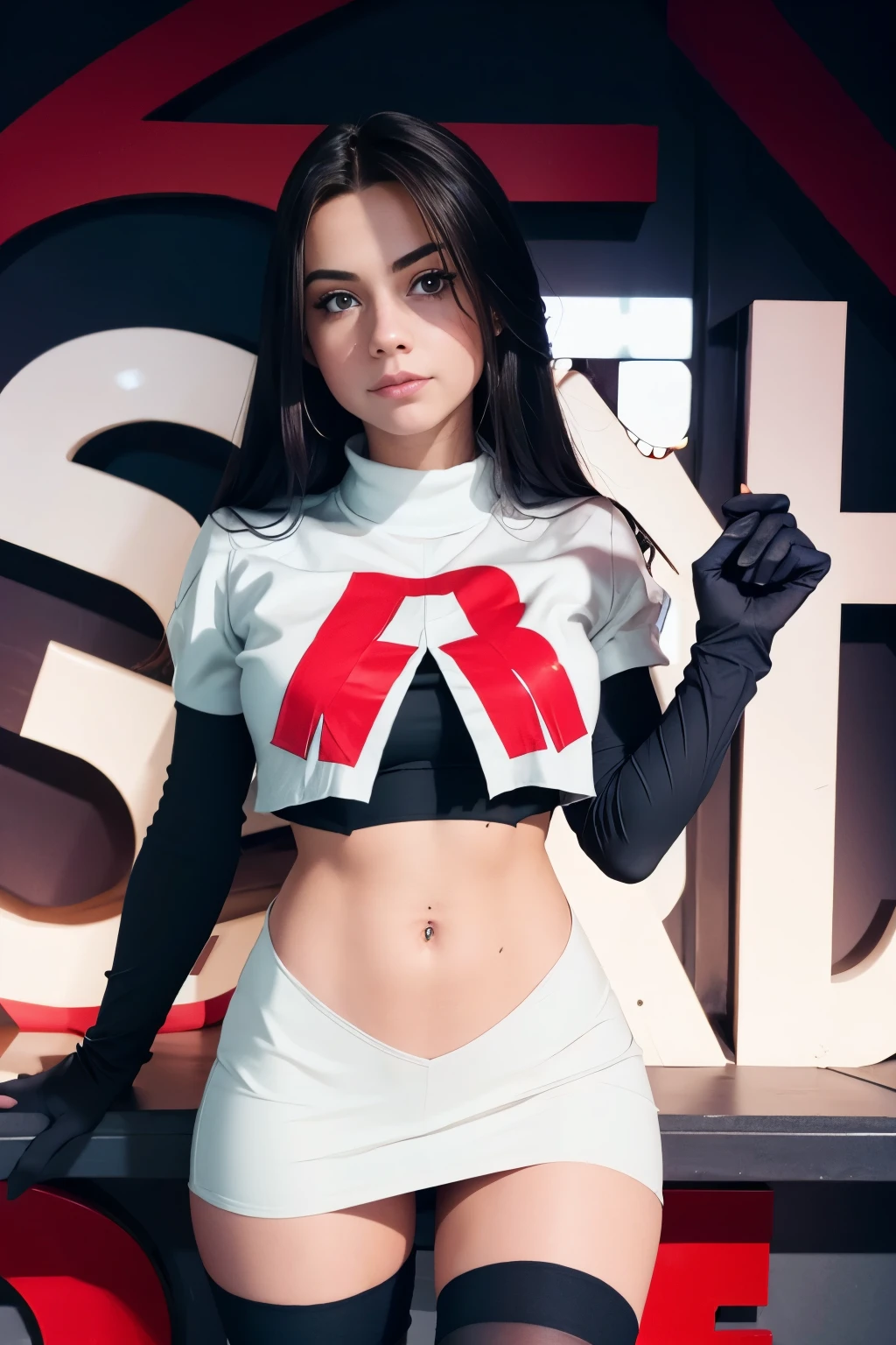 juliaaburch, a woman wearing team rocket,team rocket uniform,white skirt,red letter R,crop top,black thigh-highs,black elbow gloves,