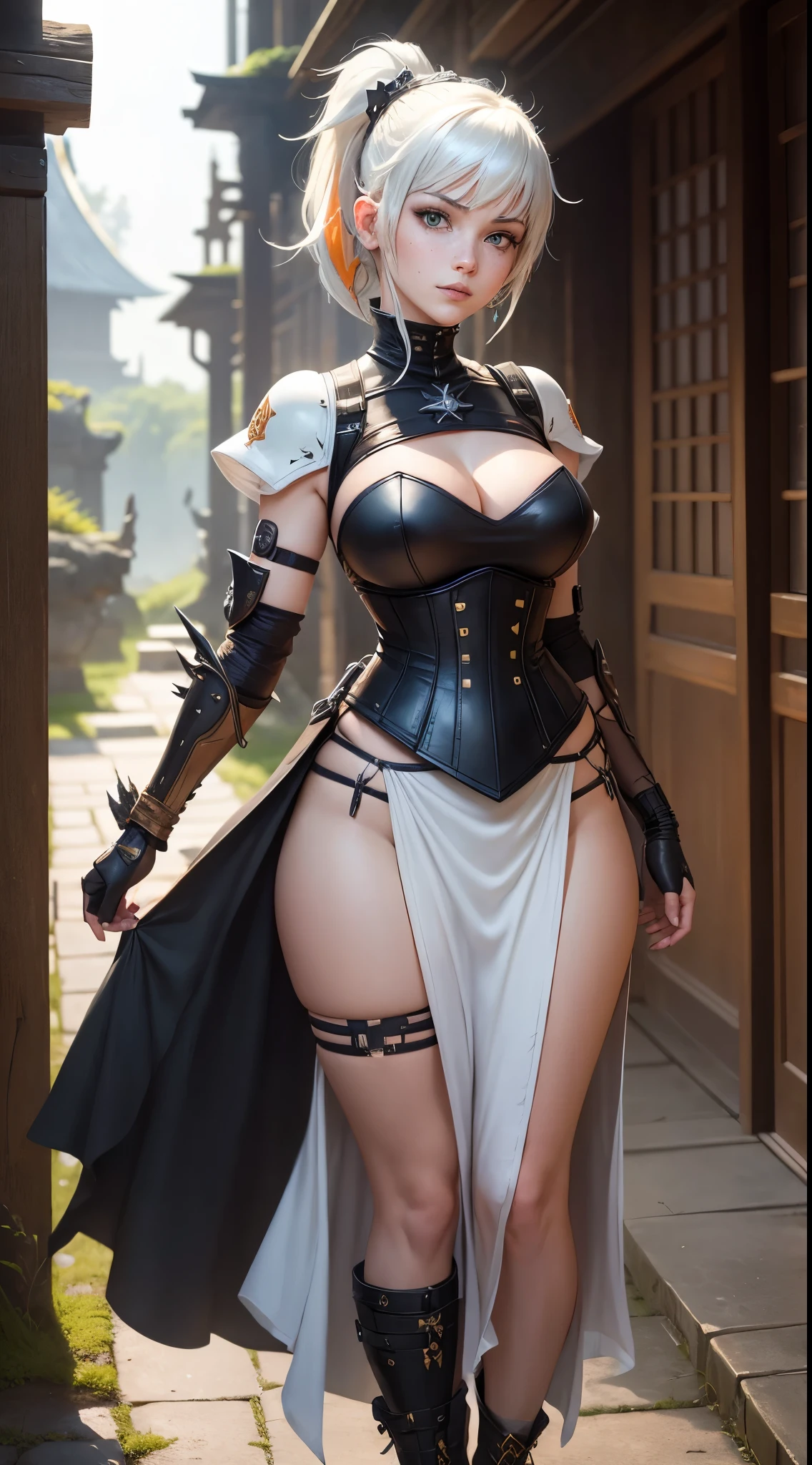 gwen tennyson,1girl,tracer,yorha 2b,rebecca chambers,overwatch,atelier ryza,close up,feudal castle ruins,tattoos,orange and white samurai armor,white short sleeve feudal top,lotus jewelry,long knight skirt,harness corset,long samurai ponytail hair,punk makeup,green eyes,multicolored silver hair,long dress train,sexy smile,freckles,beautiful girl,thigh high samurai boots,large breasts,8k,ultra detailed,realistic,fantasy art,feudal samurai armor,feudal gown dress,hair pin,samurai ear piercings,feudal hand and neck jewelry,(weather:windy),long orange ninja cloak,(pose:ready to fight),leaves flying,katana sword,