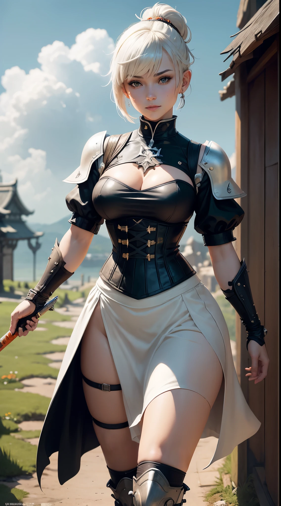 gwen tennyson,1girl,tracer,yorha 2b,rebecca chambers,overwatch,atelier ryza,close up,feudal castle ruins,tattoos,orange and white samurai armor,white short sleeve feudal top,lotus jewelry,long knight skirt,harness corset,long samurai ponytail hair,punk makeup,green eyes,multicolored silver hair,long dress train,sexy smile,freckles,beautiful girl,thigh high samurai boots,large breasts,8k,ultra detailed,realistic,fantasy art,feudal samurai armor,feudal gown dress,hair pin,samurai ear piercings,feudal hand and neck jewelry,(weather:windy),long orange ninja cloak,(pose:ready to fight),leaves flying,katana sword,