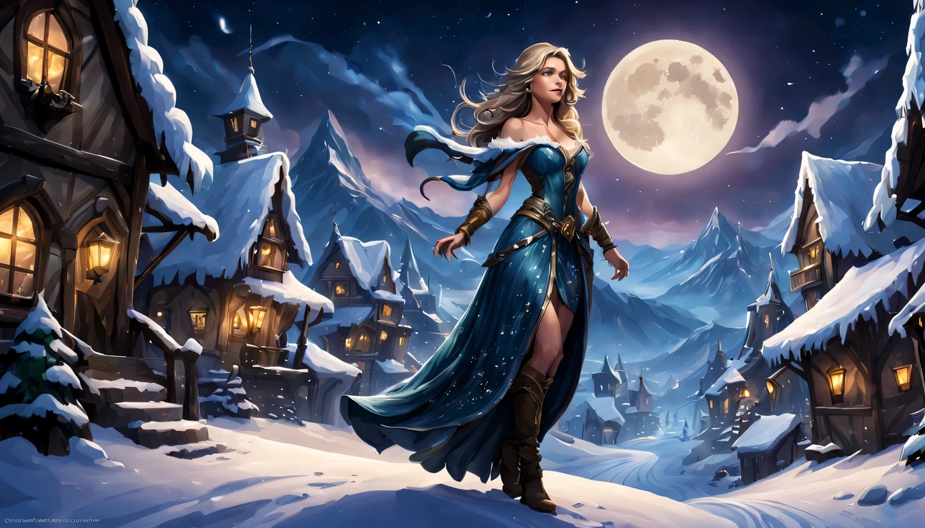 Graceful and fluttering nymph, "Michelle Pfeiffer com vestido Prata longo", caminhando a noite, and with a night sky with moon over snowy mountains, Arte conceitual de inverno, blizzard Arte conceitual de Hearthstone, arte de fundo, arte conceitual estilizada, Fundo da cidade, a bustling magical town, fundo da aldeia nightime, Arte conceitual de Hearthstone, fantasy city setting, arte do jogo de cartas de hearthstone. ”, Noite de Natal de inverno nevada, cidade medieval de fantasia, magical village, Fundo do centro da cidade