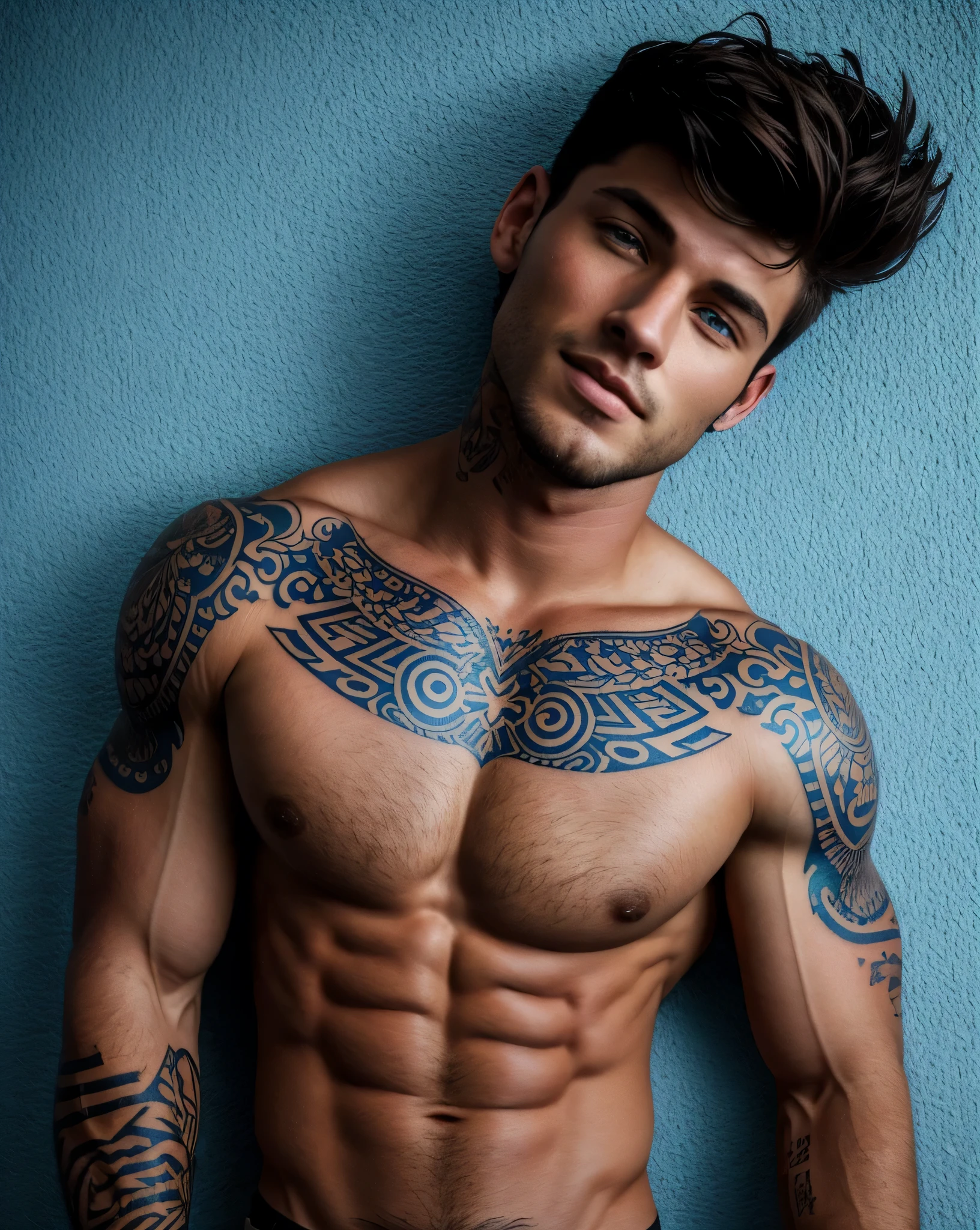 A boy around 25 years old with tattoos, dark hair, blue eyes, and beautiful facial features, with a body with abs and a bit muscular.