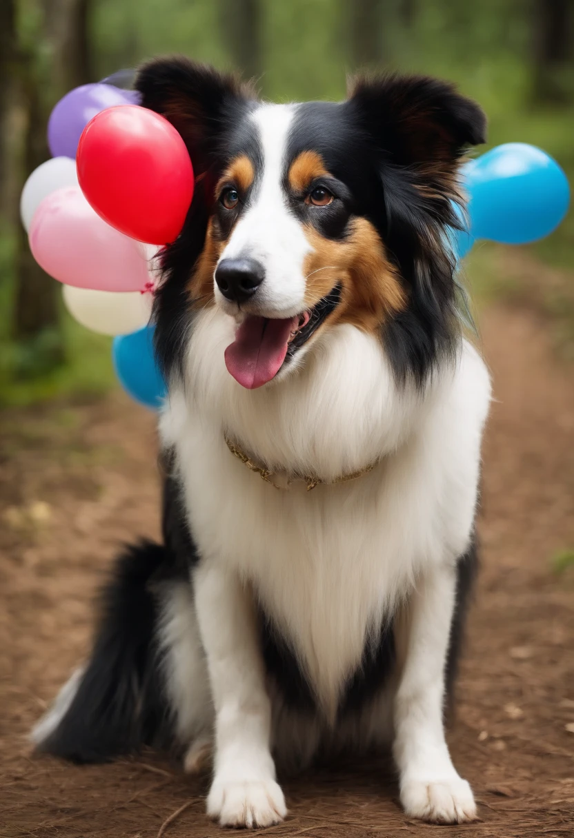 8k,obra-prima,alta qualidade,Collie or border collie dog, He wears cute princess clothes and wears an imperial lady hat. The dog holds several strings of colorful balloons from a children's party in his mouth., the dog has neon wings on its back , ele usa roupa de pets, estilo desenhos animados,figura de pau,linhas de trabalho,illustration,Q version,Under the tree,Sente-se e coma caqui