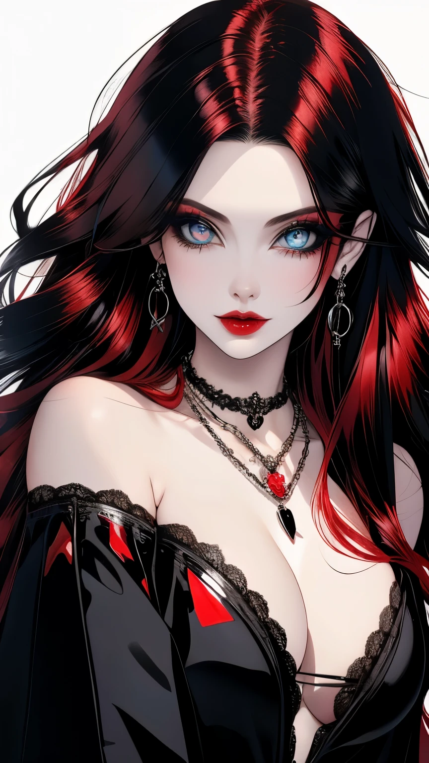 (((1milf gothpunk girl))), red hair, solo, necklace, long hair, ((blue eyes)), red lips, hair ornament, flower, black flower, pearl necklace, portrait, lipstick, makeup, , , pale skin,(cleavage), ((large breasts)),,(mature female:1.16), (sexual, seduce),,((glossy lips)),,, pale skin,,,, squeeze breast