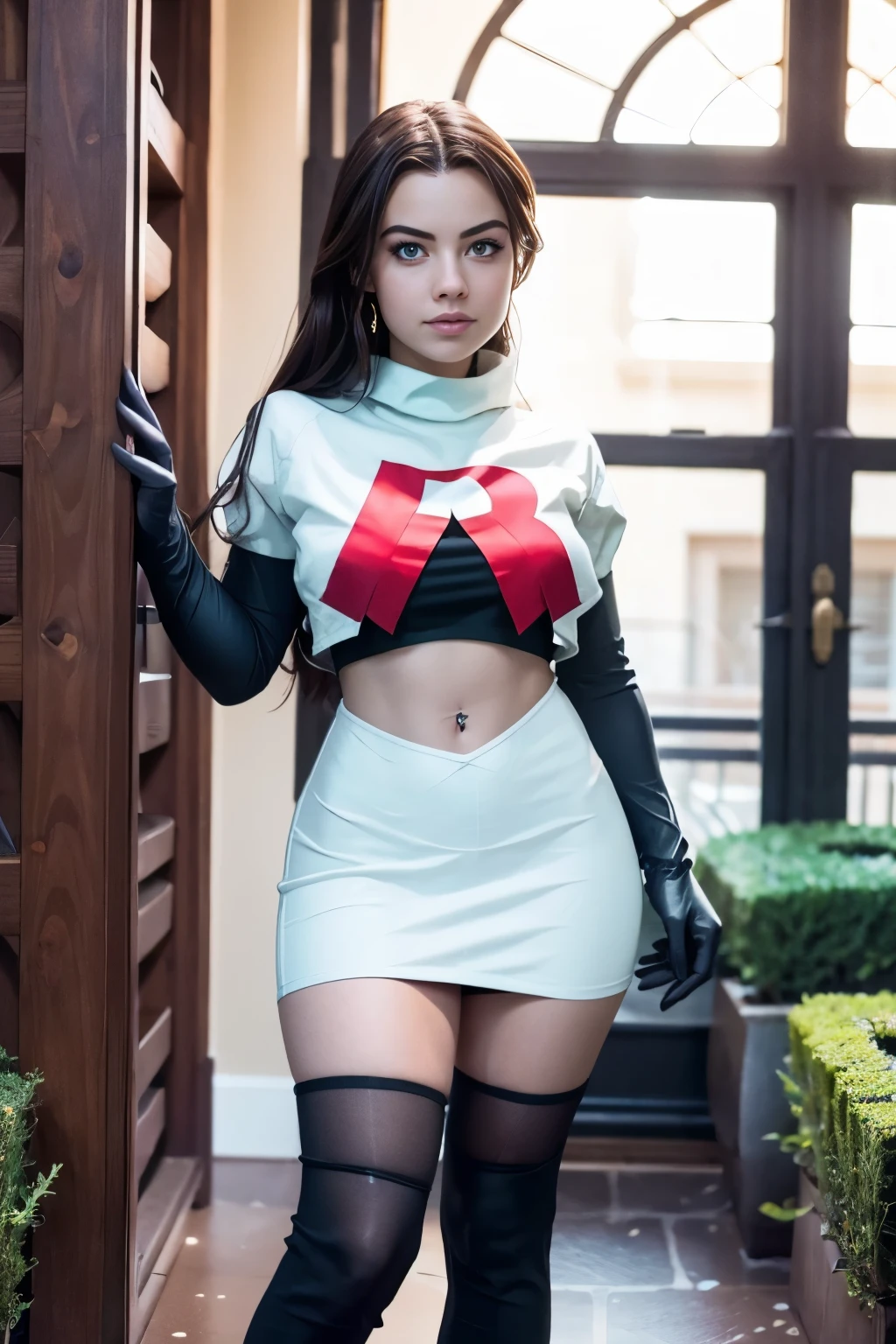 juliaaburch, a woman wearing team rocket,team rocket uniform,white skirt,red letter R,crop top,black thigh-highs,black elbow gloves,