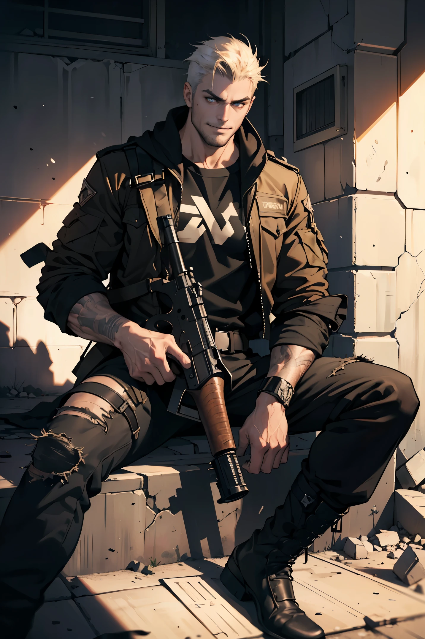 1boy, upper body, handsome male, perfect male body, High quality, Best Quality, portrait, dynamicpose, (Mercenary, Rifle in hand, evil grin), tall, strong and muscular, sitting in ruins, Mad Max, Ropa punk,Paramo clothing, Ray tracing, dramatic shadows, dramatic compositions, Cinematic lighting