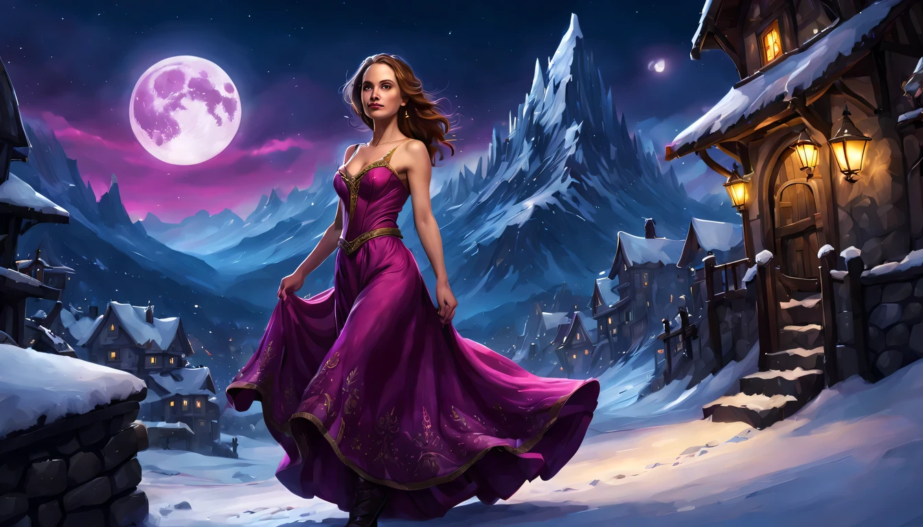Graceful and fluttering nymph, "Natalie Portman com vestido Magenta longo", caminhando a noite, and with a night sky with moon over snowy mountains, Arte conceitual de inverno, blizzard Arte conceitual de Hearthstone, arte de fundo, arte conceitual estilizada, Fundo da cidade, a bustling magical town, fundo da aldeia nightime, Arte conceitual de Hearthstone, fantasy city setting, arte do jogo de cartas de hearthstone. ”, Noite de Natal de inverno nevada, cidade medieval de fantasia, magical village, Fundo do centro da cidade
