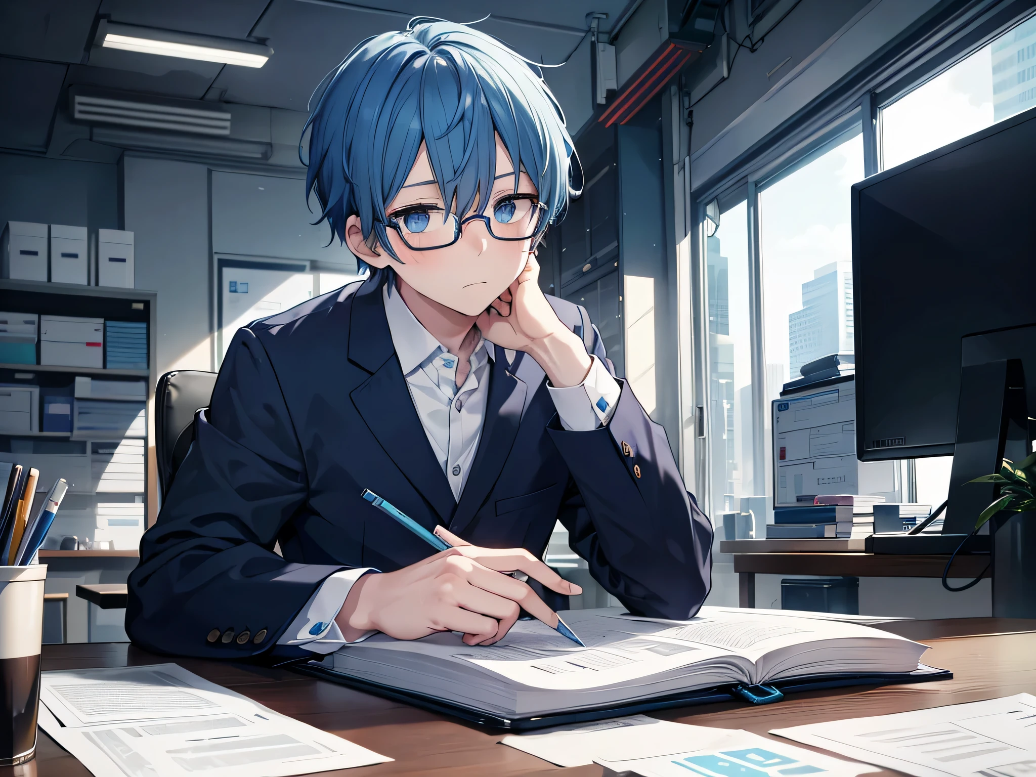 1 boy, blue short hair, blue eye colors, rounded glasses, wearing salaryman uniform, exhausted face, working in front of computer with so many paper at the table, getting pushed by his boss to overwork, the background is office