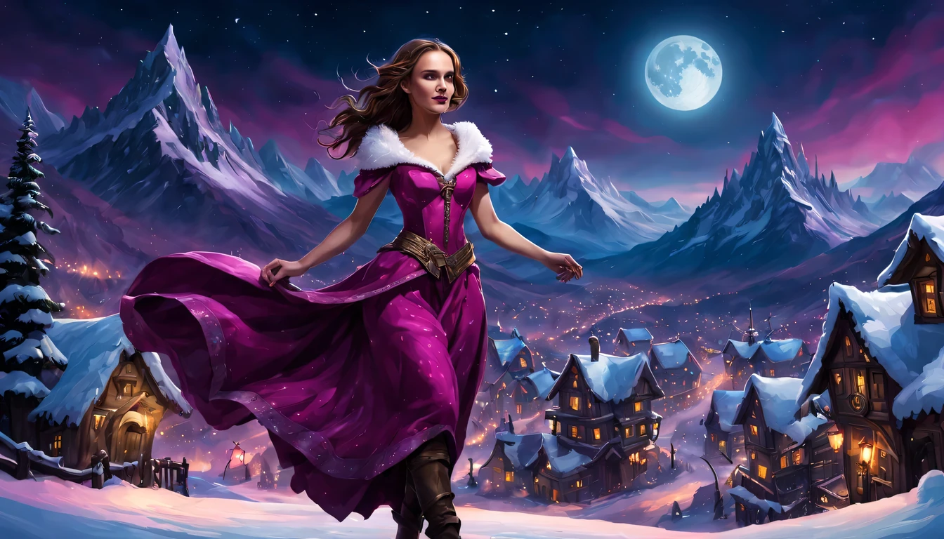 Graceful and fluttering nymph, "Natalie Portman com vestido Magenta longo", caminhando a noite, and with a night sky with moon over snowy mountains, Arte conceitual de inverno, blizzard Arte conceitual de Hearthstone, arte de fundo, arte conceitual estilizada, Fundo da cidade, a bustling magical town, fundo da aldeia nightime, Arte conceitual de Hearthstone, fantasy city setting, arte do jogo de cartas de hearthstone. ”, Noite de Natal de inverno nevada, cidade medieval de fantasia, magical village, Fundo do centro da cidade