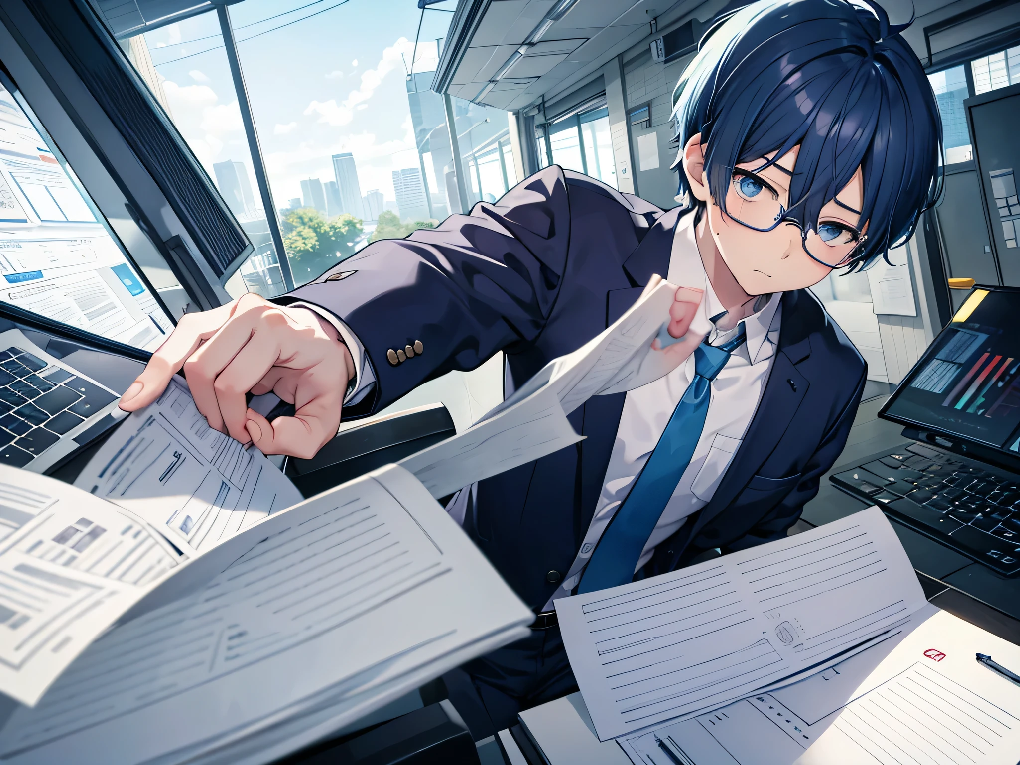 1 boy, blue short hair, blue eye colors, rounded glasses, wearing salaryman uniform, exhausted face, working in front of computer with so many paper at the table, getting pushed by his boss to overwork, the background is office
