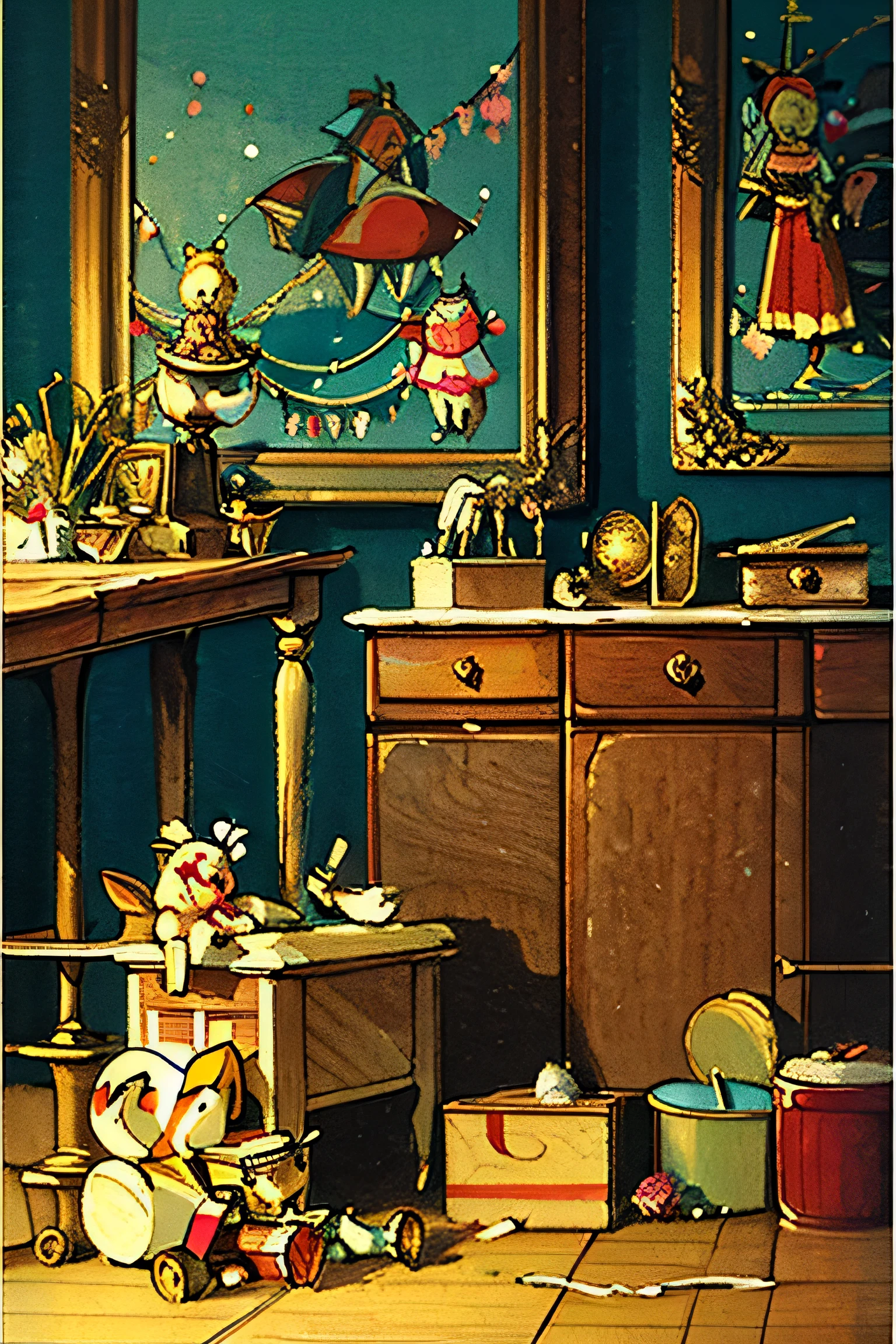 Oil painting style illustration、background、highest quality、Toy box、dull color、cluttered、Toy boxの中身、Messy、The Nutcracker、stuffed toy、building blocks、retro、antique、vintage、best image quality、night