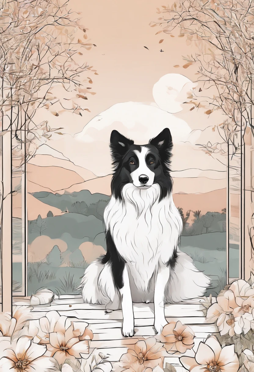 8k,obra-prima,alta qualidade,Collie or border collie dog, ele veste roupinhas fofas, ele usa roupa de pets, estilo desenhos animados,figura de pau,linhas de trabalho,illustration,Q version,Under the tree,Sente-se e coma caqui, magical world fantasy mystical